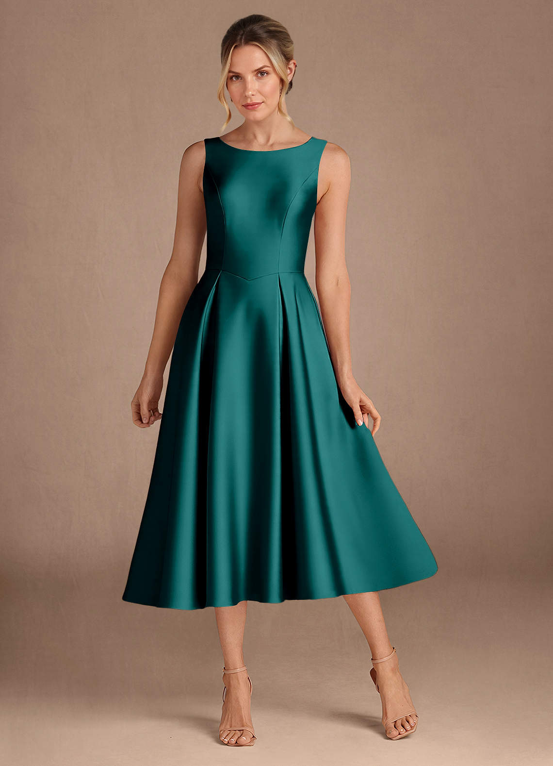 Azazie Fulton Mother of the Bride Dresses Peacock A-Line Pleated Stretch Satin Dress image1