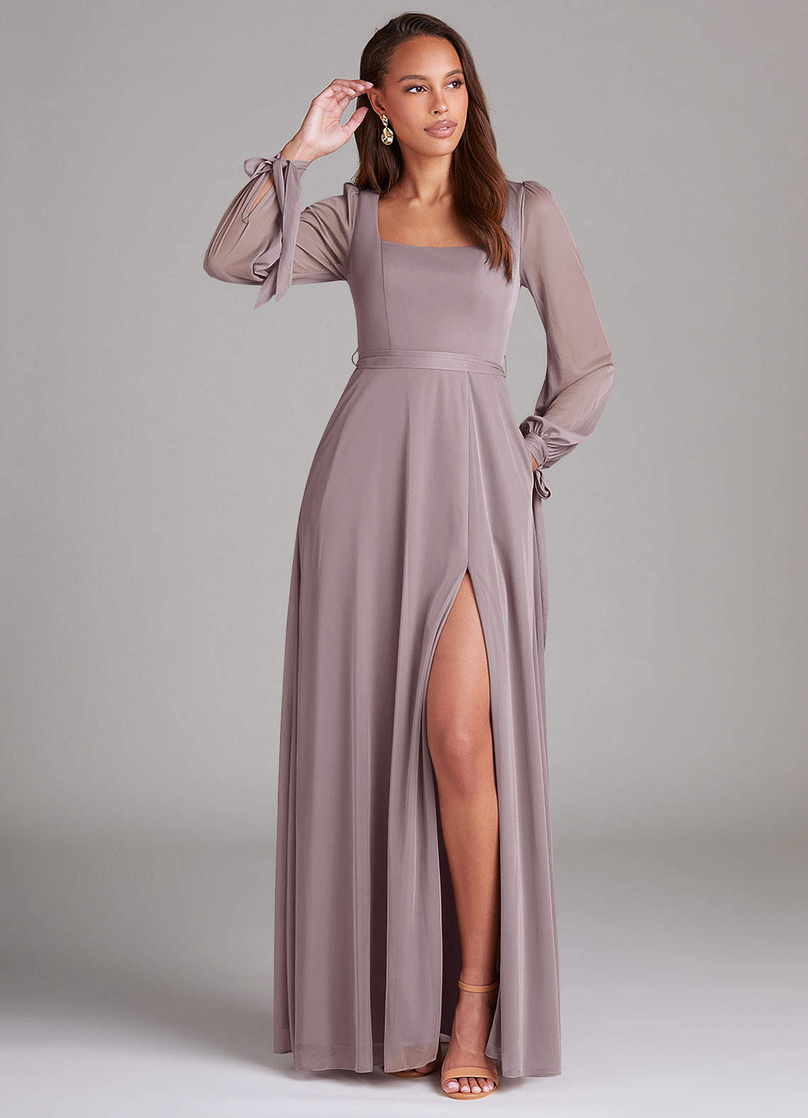 Azazie Leonia Bridesmaid Dresses Dusk A-Line Long Sleeve Mesh Dress image1