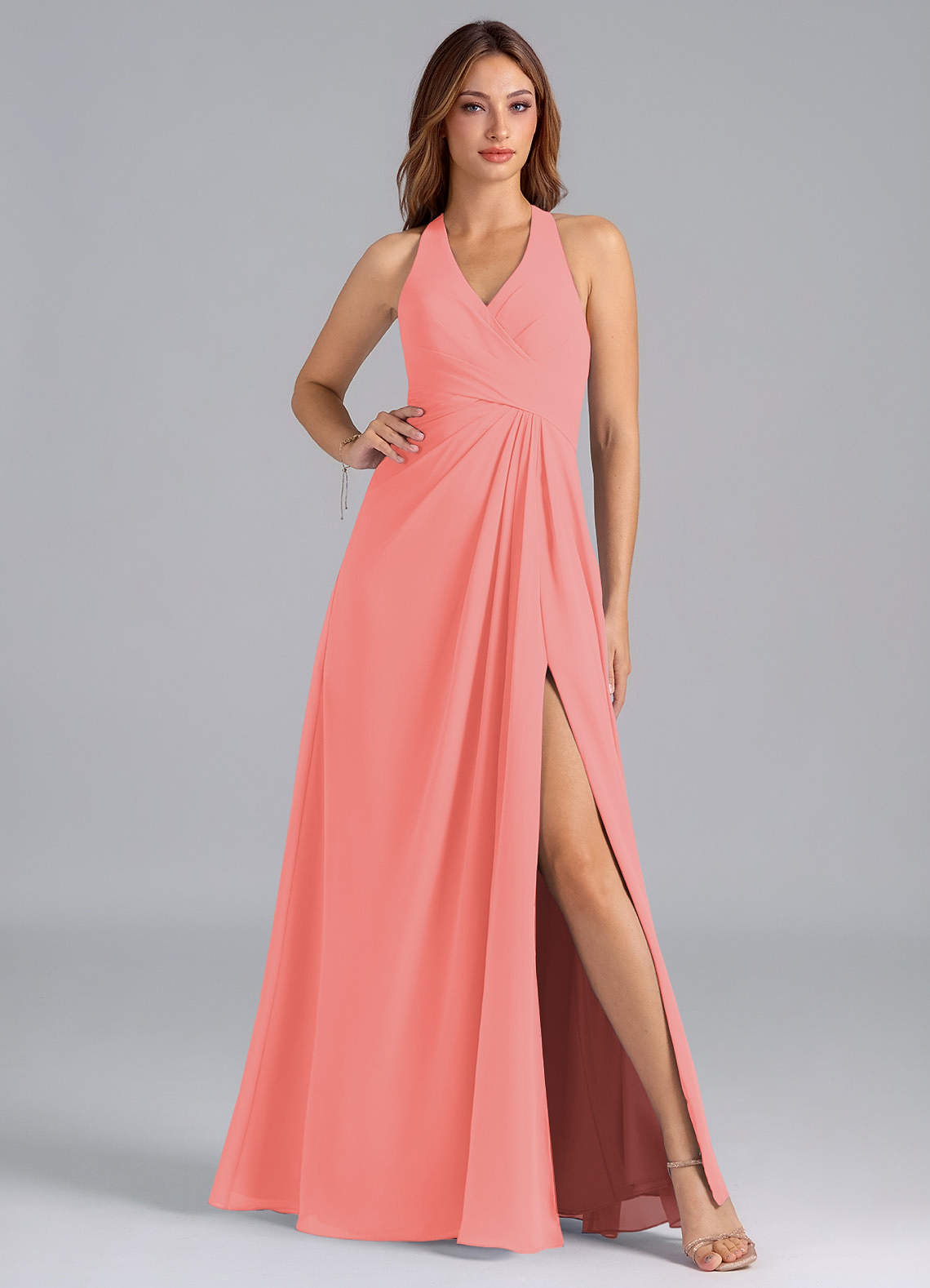 Azazie Dorota Bridesmaid Dresses Coral A-Line Pleated Chiffon Dress image1