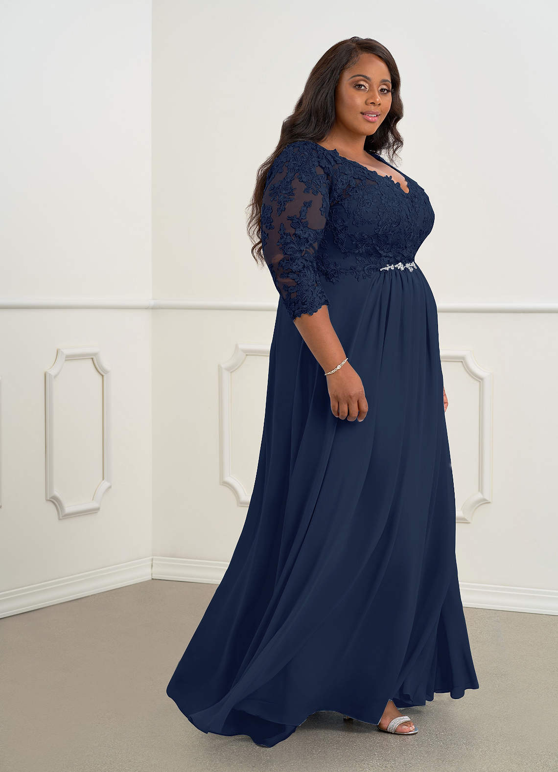 Azazie Hayek Mother of the Bride Dresses Dark Navy A-Line V-Neck Lace Chiffon Dress image7