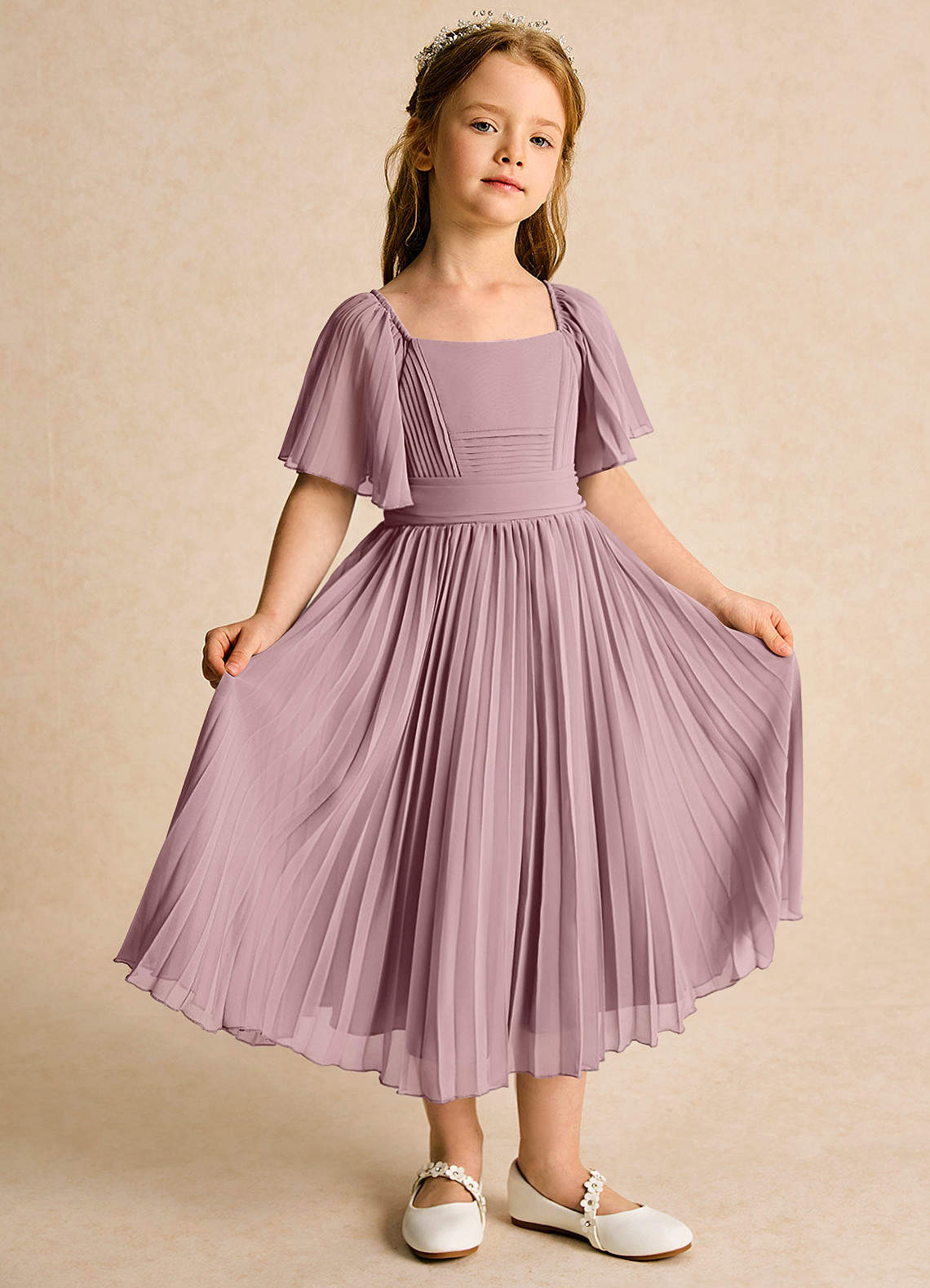 Azazie Gisele Abiti da Ragazza di Fiori Abito A-Line in Chiffon Plissettato Rosa Polverosa image4