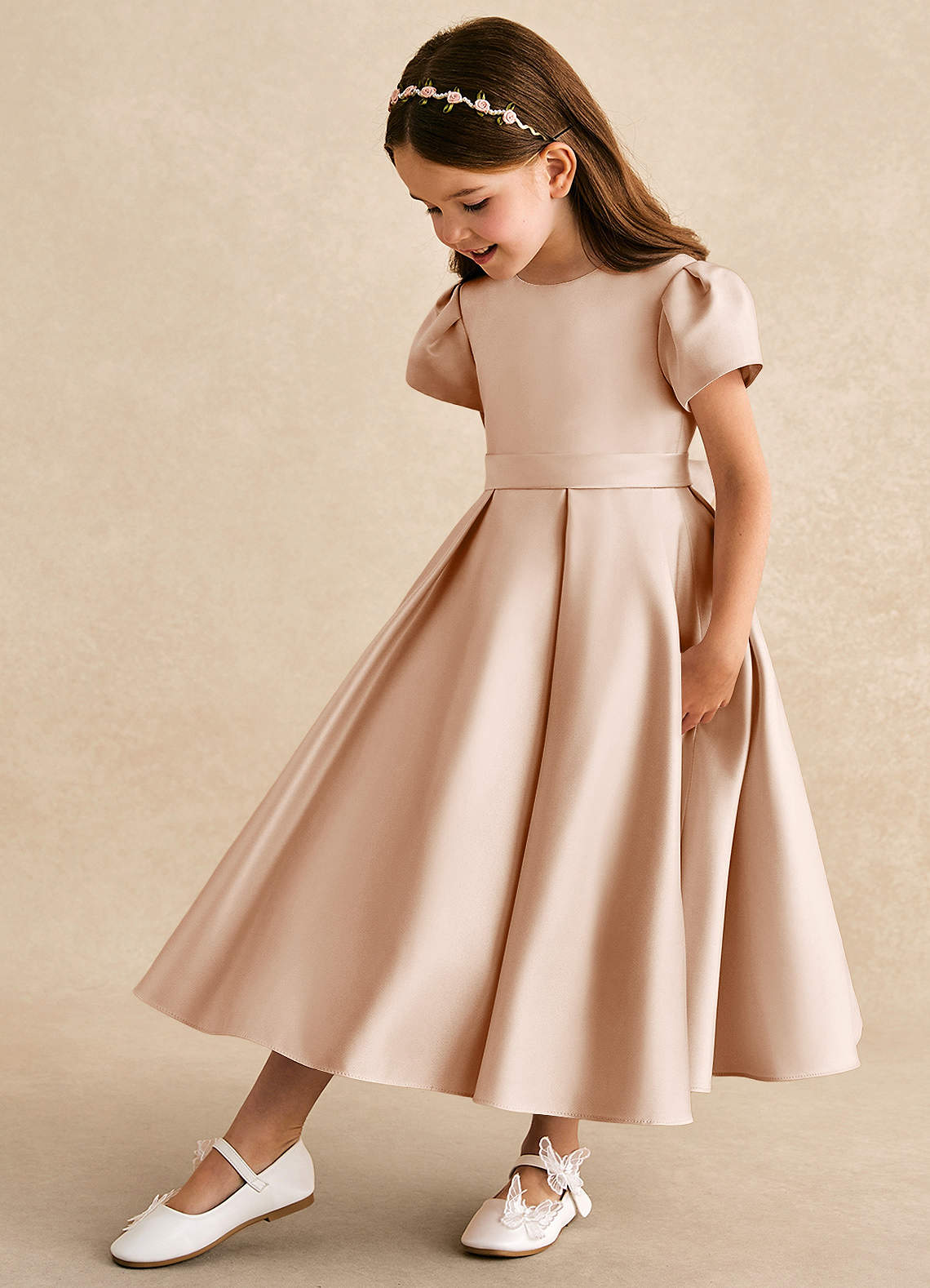 Azazie A-Line/Princess Scoop Neck Tea-Length Matte Satin Flower Girl Dresses - English Rose