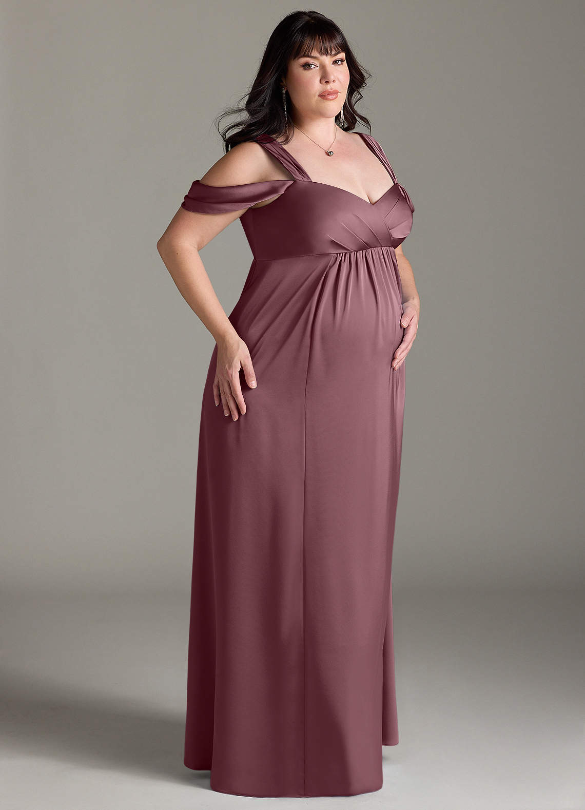 Azazie Rhea At-home Try On Dresses A-Line Off-The-Shouler Pleated Stretch Satin Floor-Length Dress image8