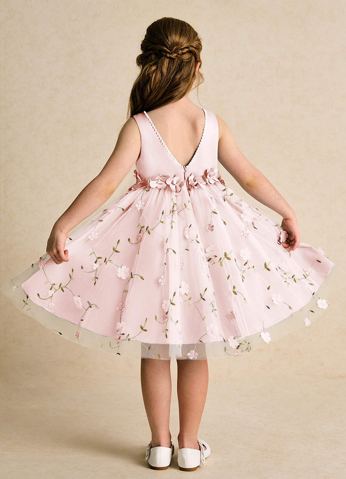 Azazie Starri Flower Girl Dresses Blushing Pink Ball-Gown Beaded Matte Satin Dress image1