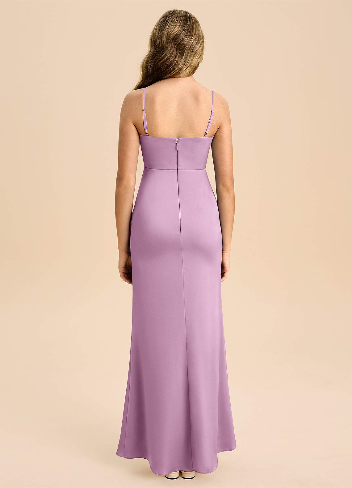Azazie Buzzy Junior Wisteria Sheath Pleated Stretch Satin Dress image1