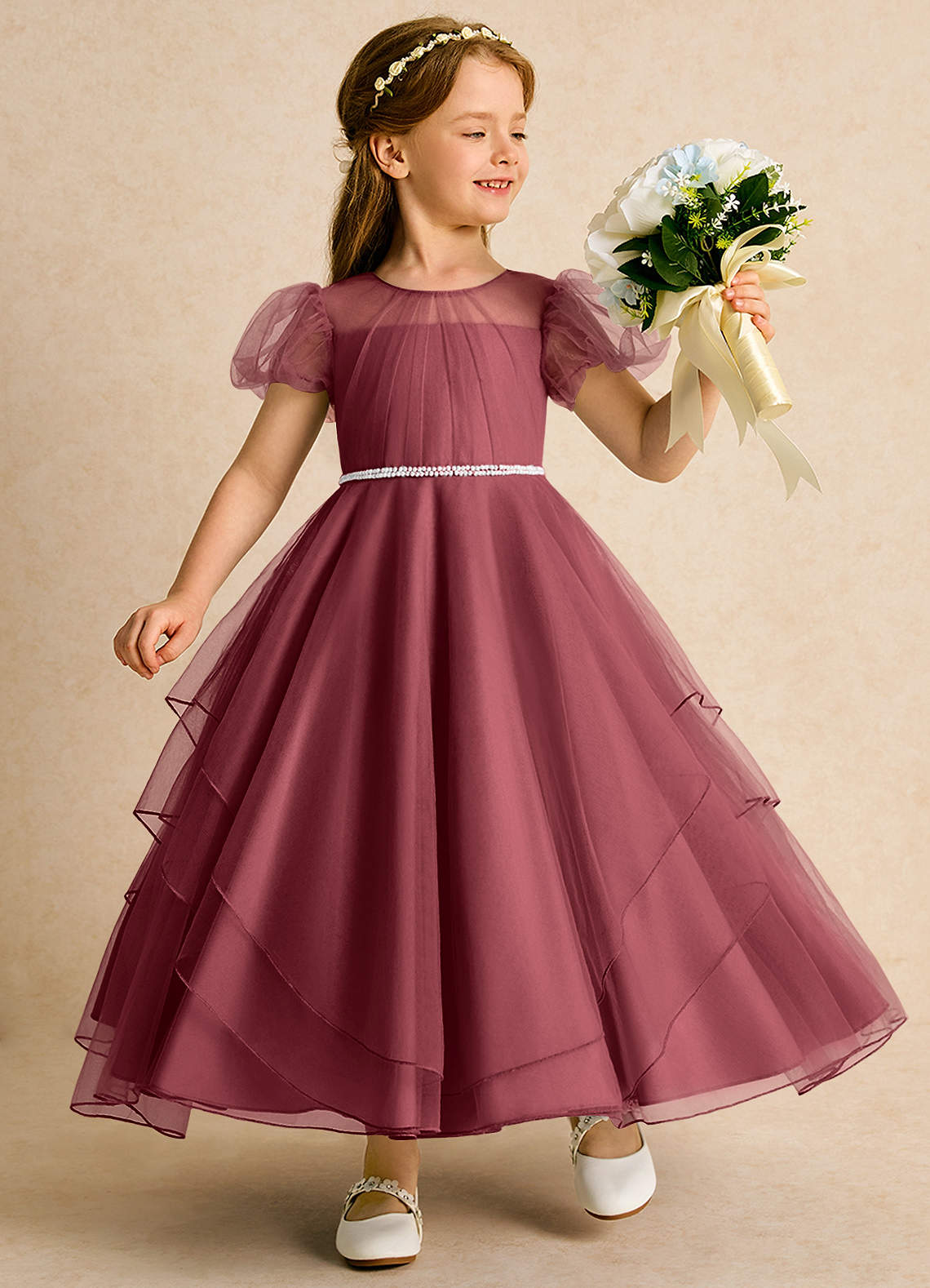 Azazie Duckie Blumenmädchenkleider Ballkleid Plissee Tüll Kleid Merlot image1