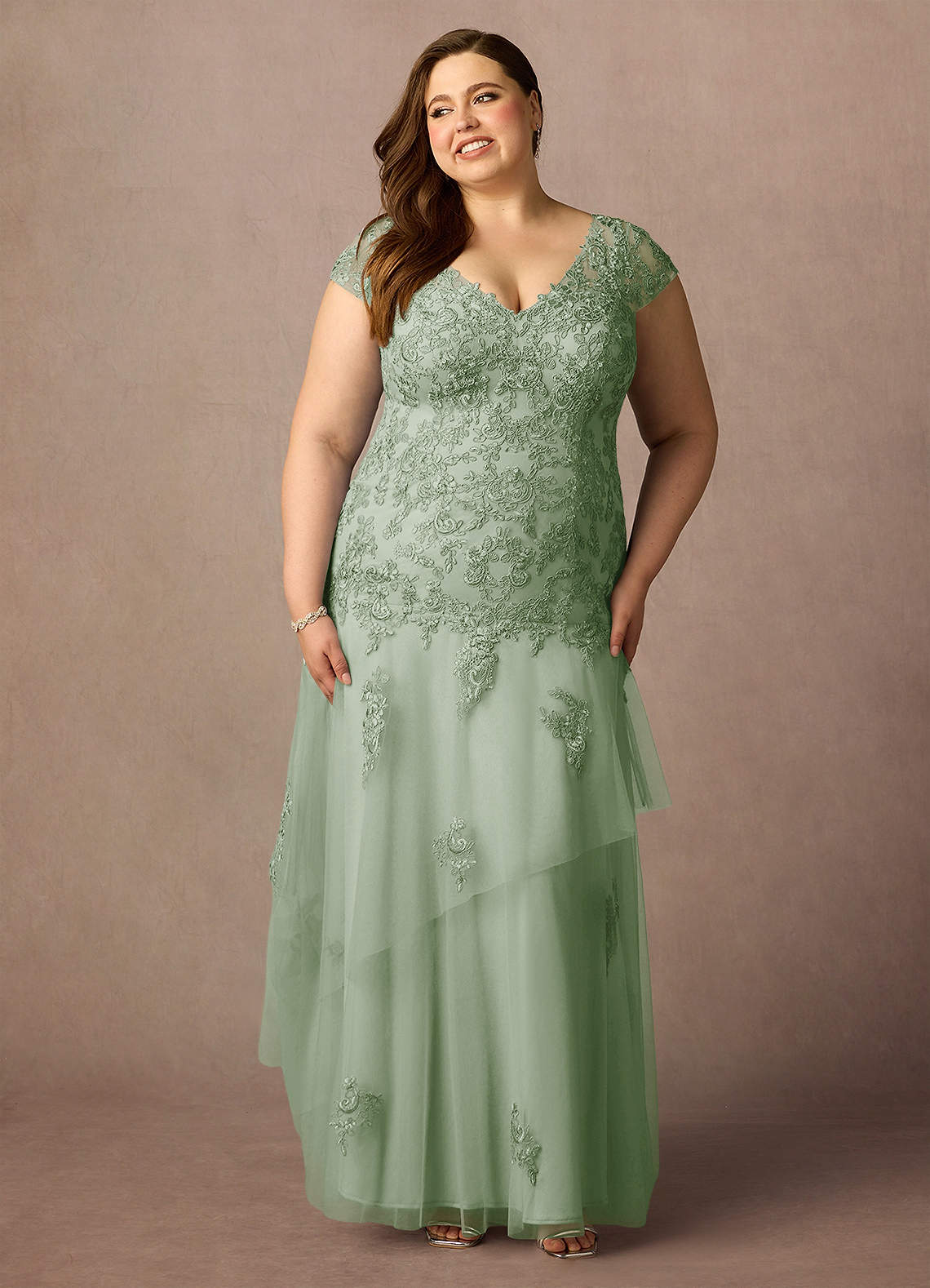 Azazie Romy Mother of the Bride Dresses Dusty Sage Mermaid V-Neck Sequins Tulle Dress image1