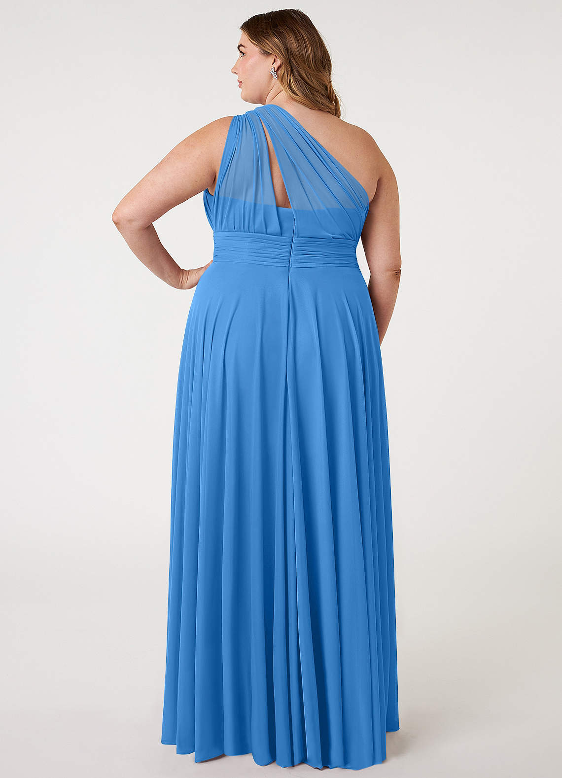 Azazie Charlize Vestidos de damas de honor Vestido de Azul Grisaceo de Malla de Corte en A con Hombro unilateral image6