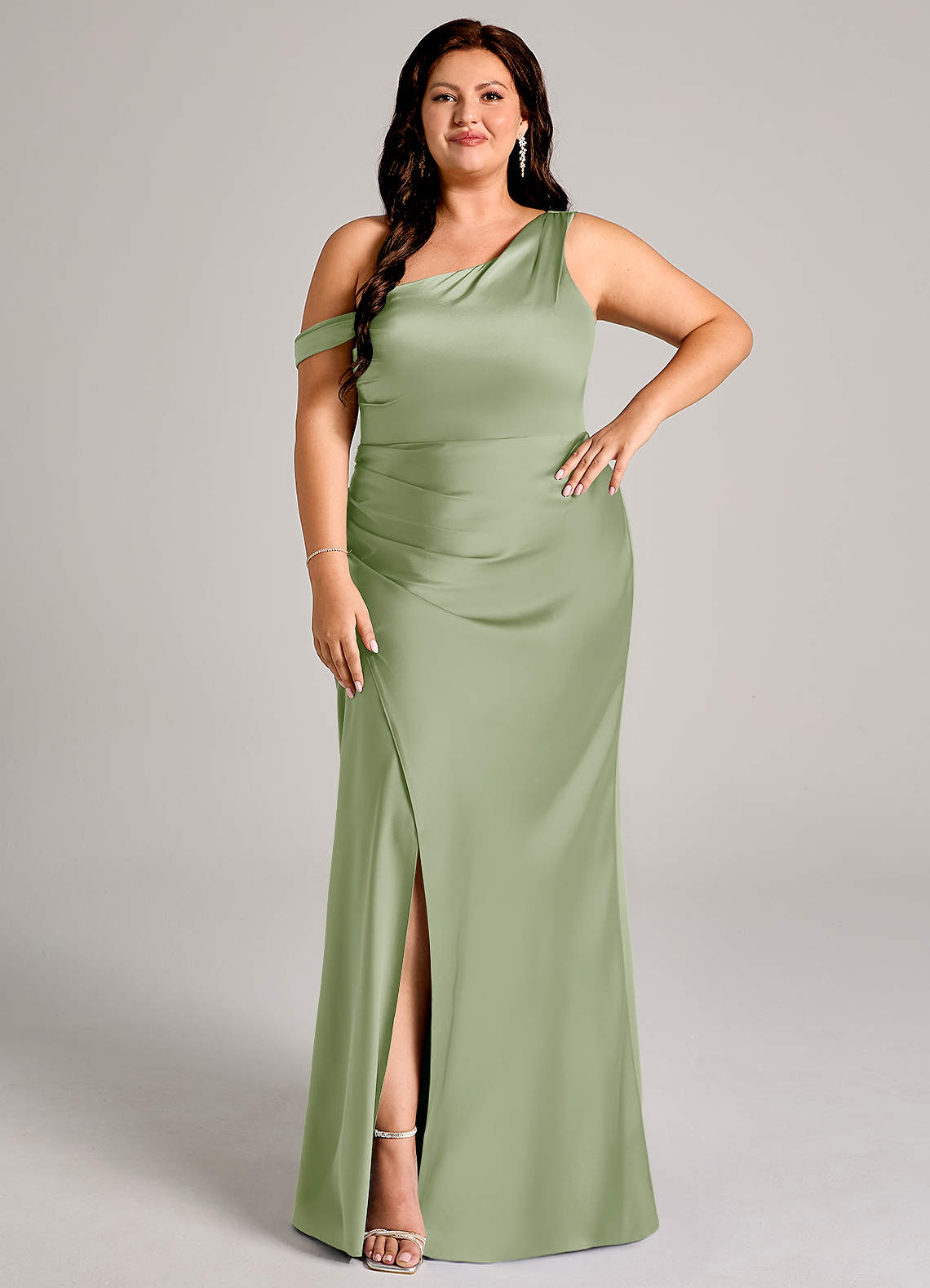 Azazie Madelyn Bridesmaid Dresses Dusty Sage Mermaid One Shoulder Stretch Satin Convertible Dress image9