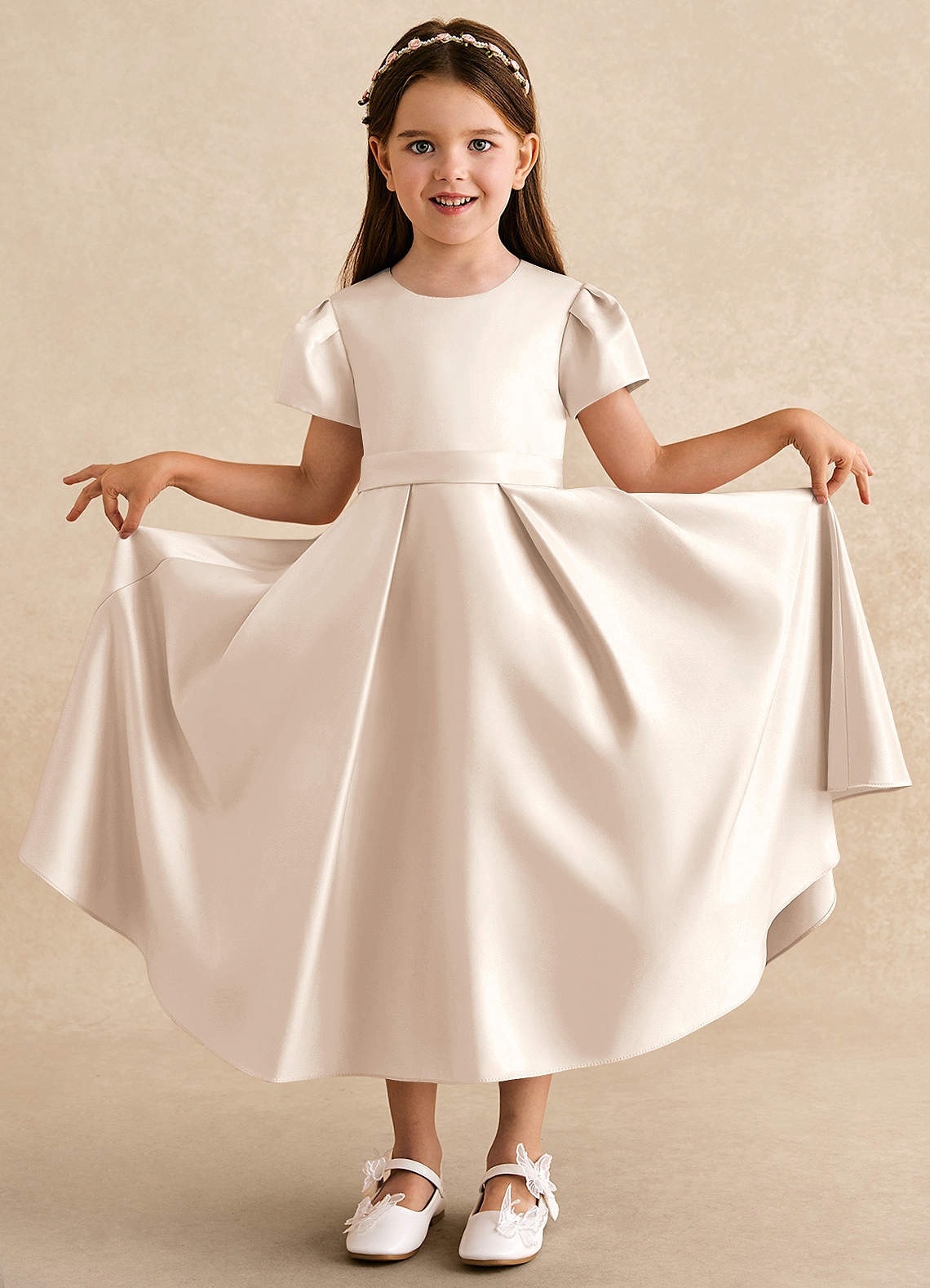 Azazie Princess Vestidos de florista Vestido Alabastro Branco de Cetim fosco de Linha A com Plissado image2