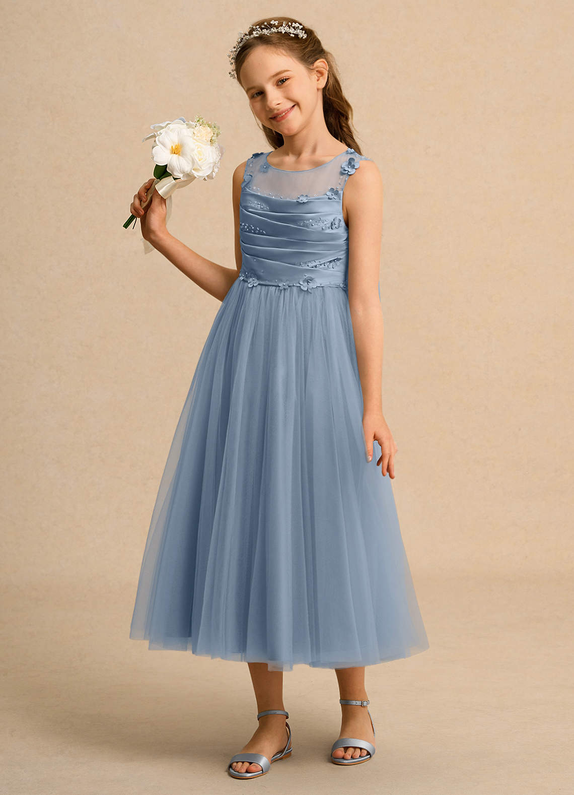 Azazie Snowball Girl Jurken voor bloemenmeisjes Baljurk Jurk van Tule Geplooid Stoffig Blauw image1