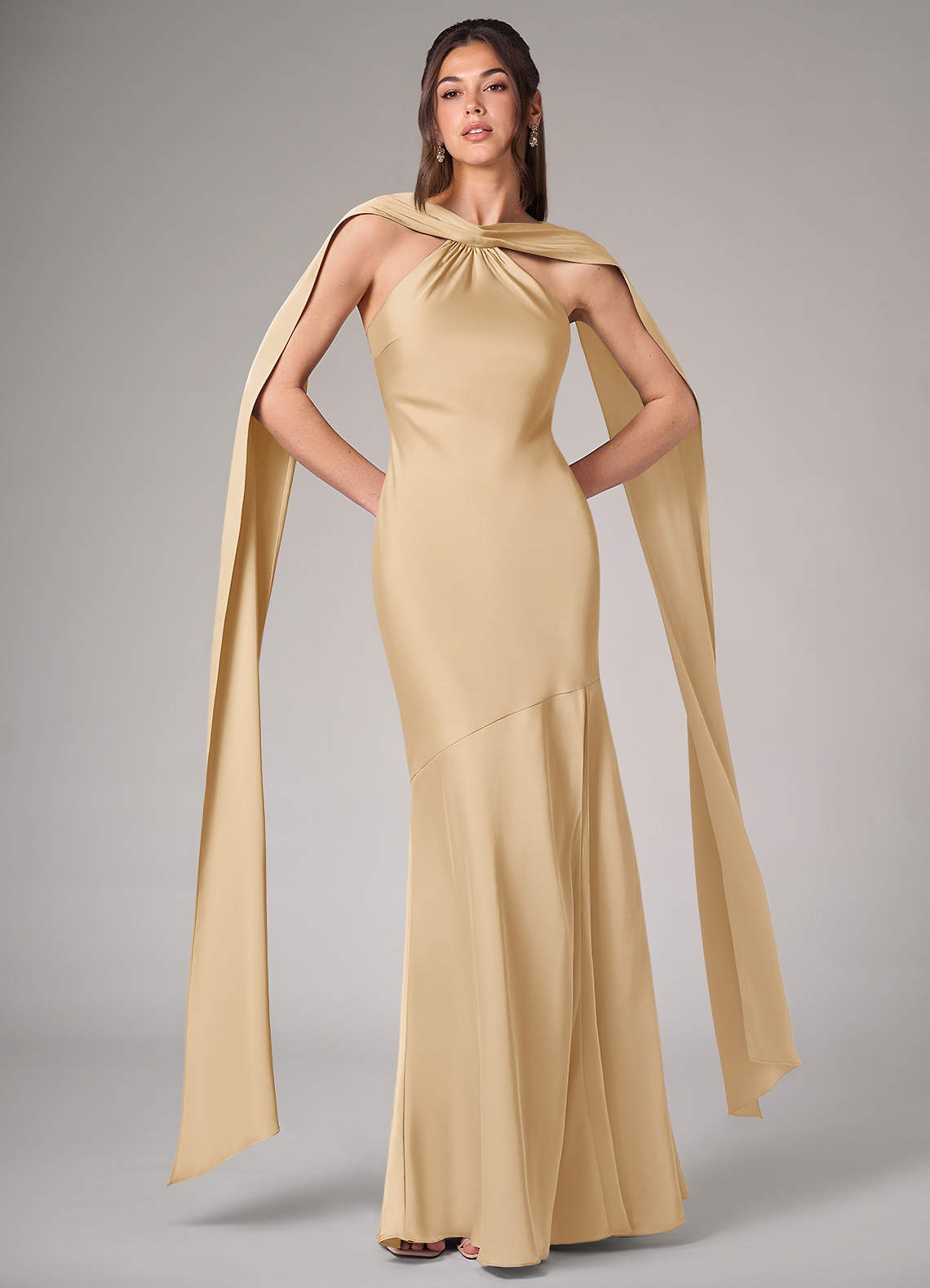 Azazie Kinsley Bridesmaid Dresses Gold Mermaid Side Slit Stretch Satin Dress image1