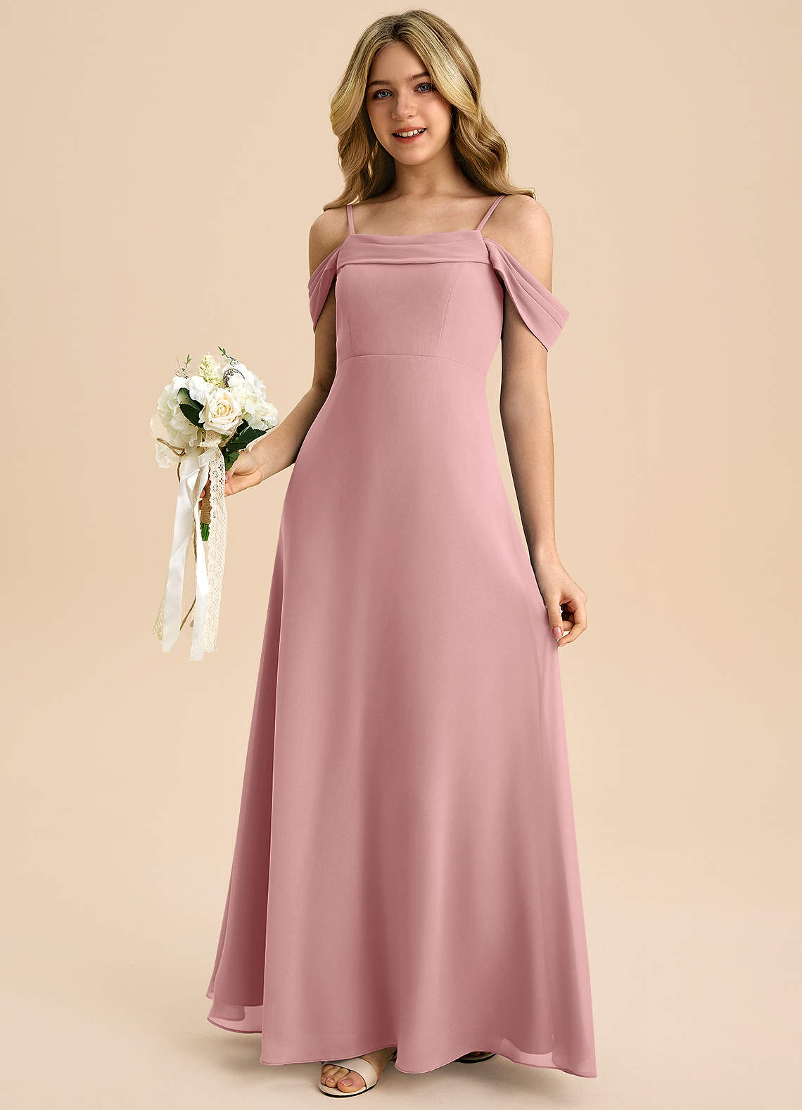 Azazie Anselie Junior A-Line Off-Shoulder Chiffon Gulv-længde Junior brudepige Kjole image3