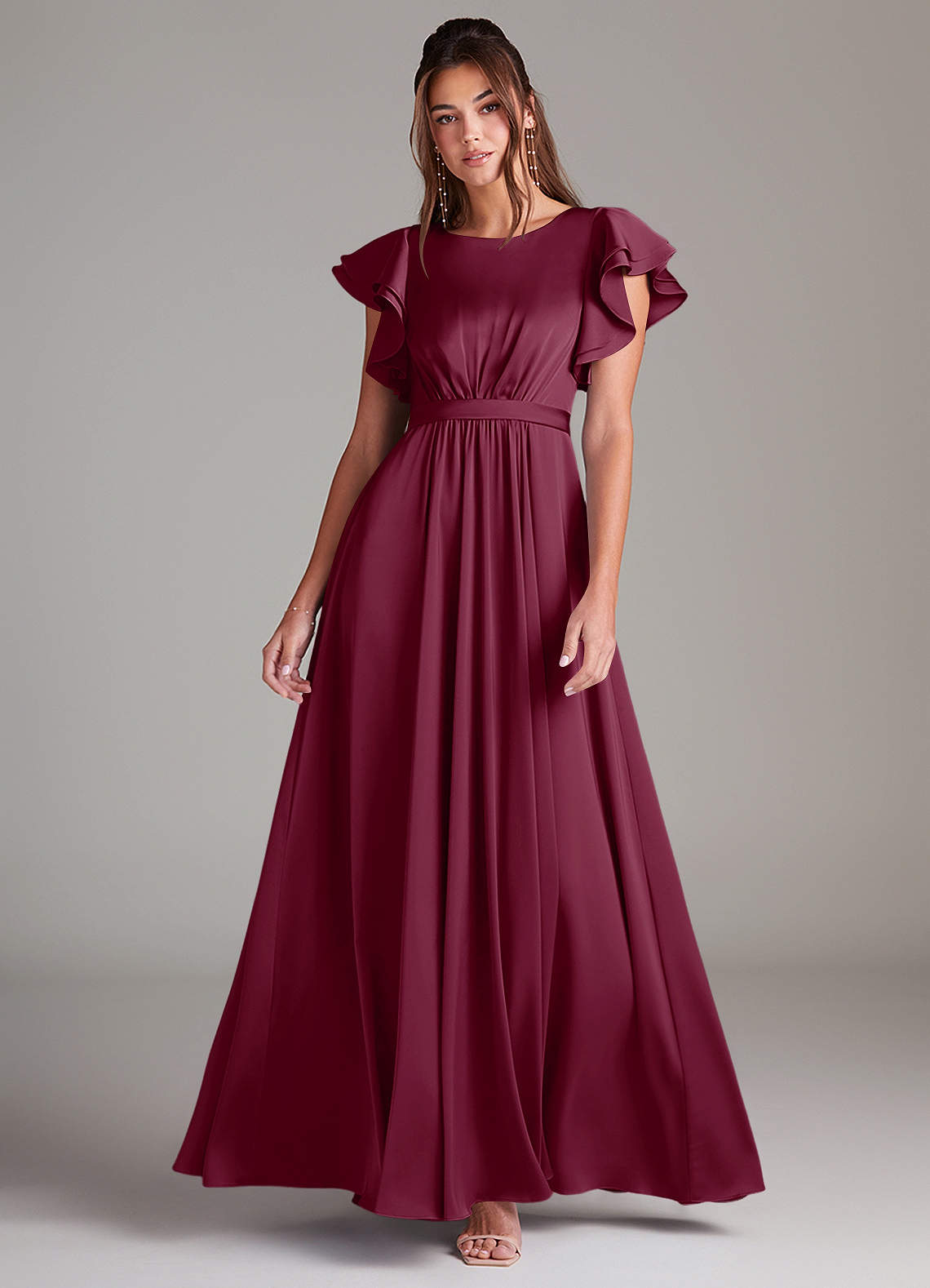 Azazie Daphne Modest brudtärna klänningar Klänning A-Linje Ruched Golvlängd Stretch Satin image1