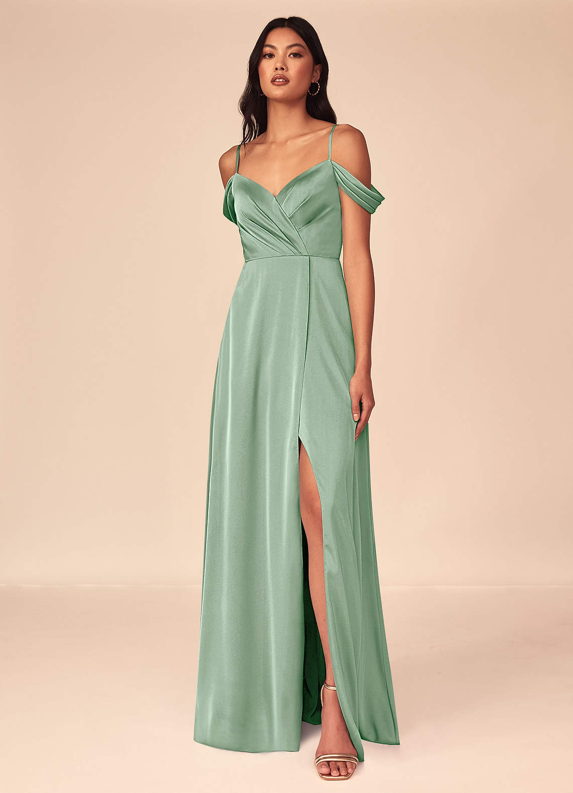 Azazie Ocean Bridesmaid Dresses Agave A-Line V-Neck Pleated Stretch Satin Dress image1