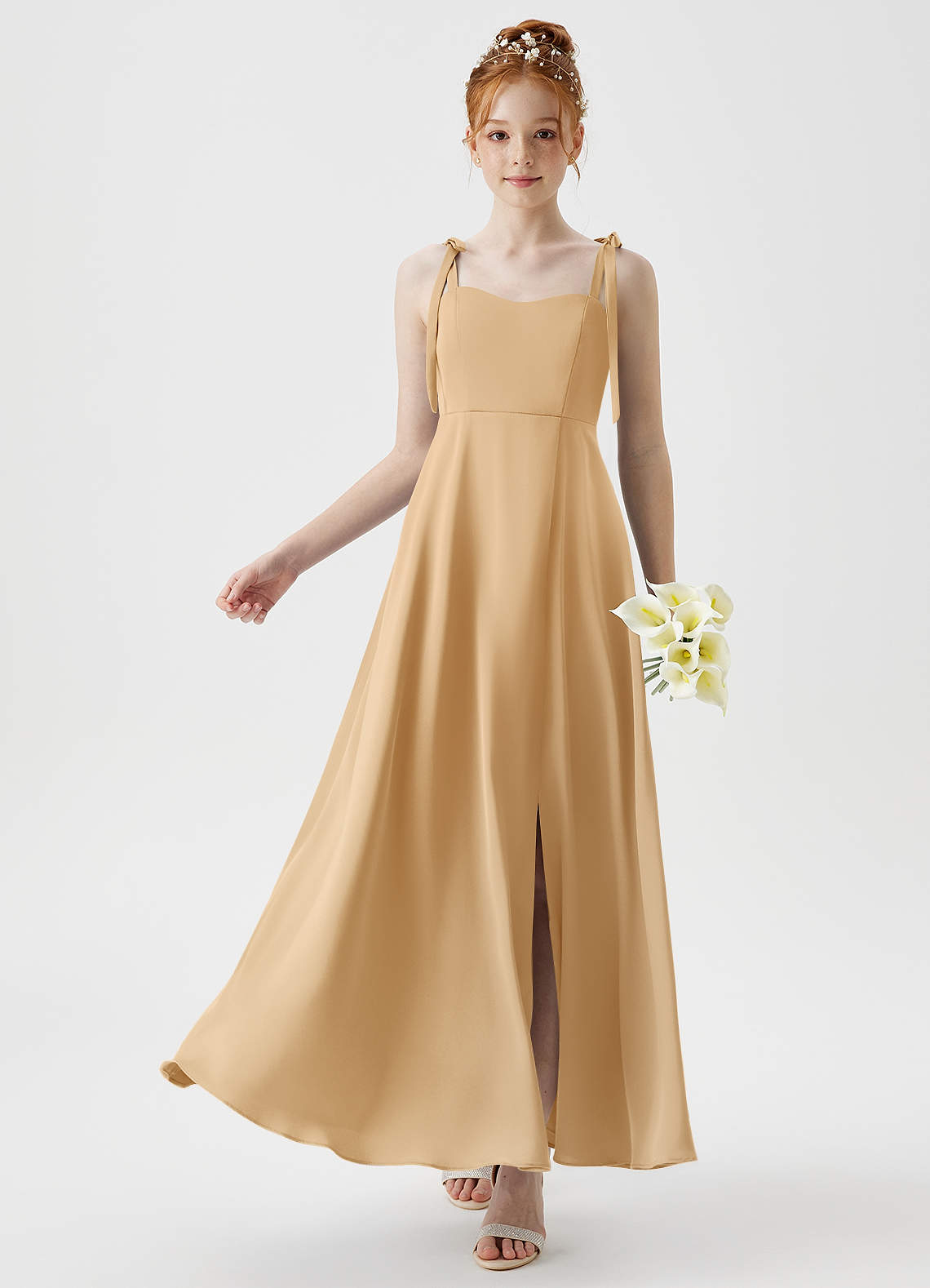 Azazie Rosey Junior Gold A-Line Sweetheart Neckline Stretch Satin Dress image1