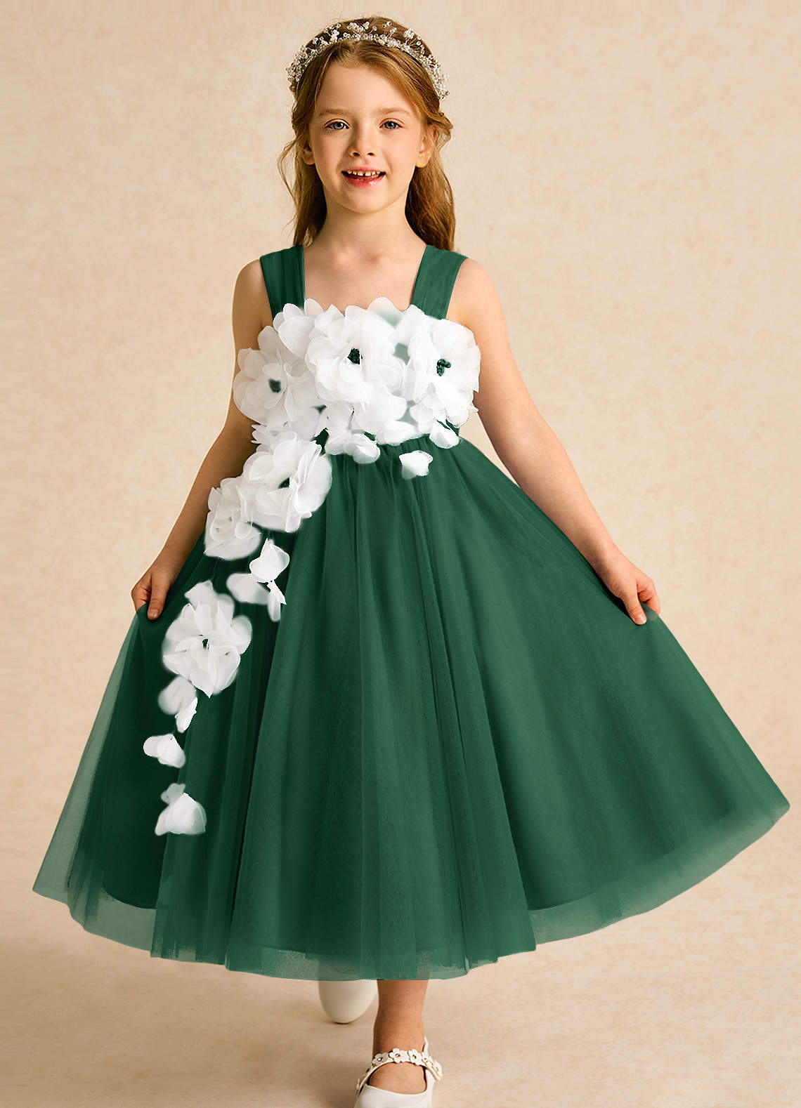 Azazie Dovey Flower Girl Dresses Dark Green Ball-Gown Bow Tulle Dress image1