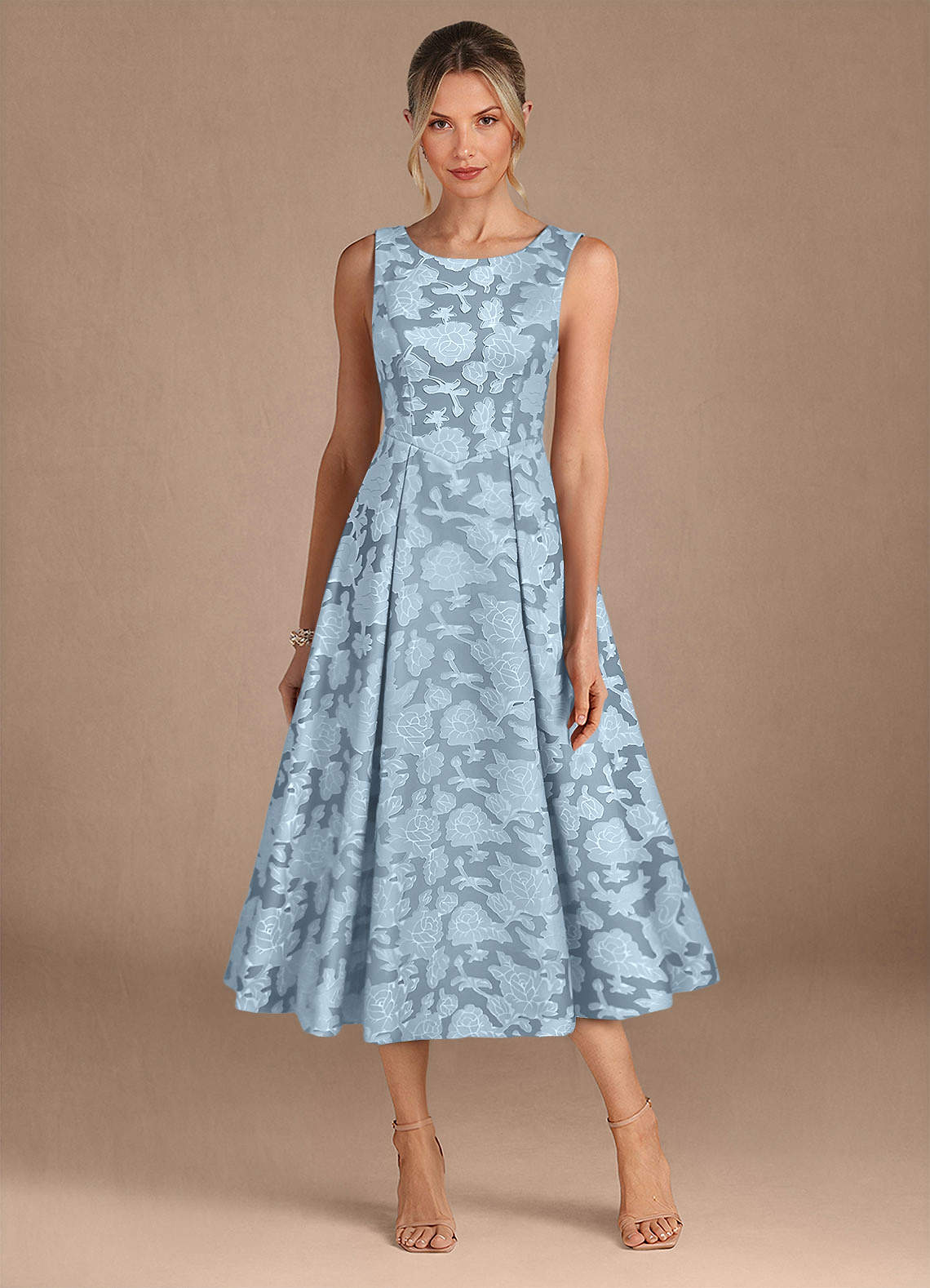 Azazie Fulton vestidos de madre de la novia Vestido de Azul Cielo de Devorado Floral de Corte En A con Plisado image4