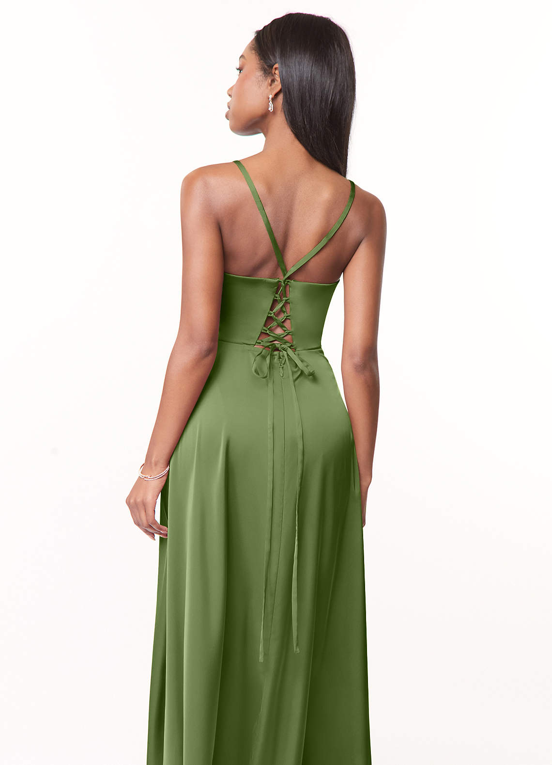 Azazie Maksim Robes de demoiselle d'honneur Robe Trapèze en Satin extensible Col en V Genévrier image2