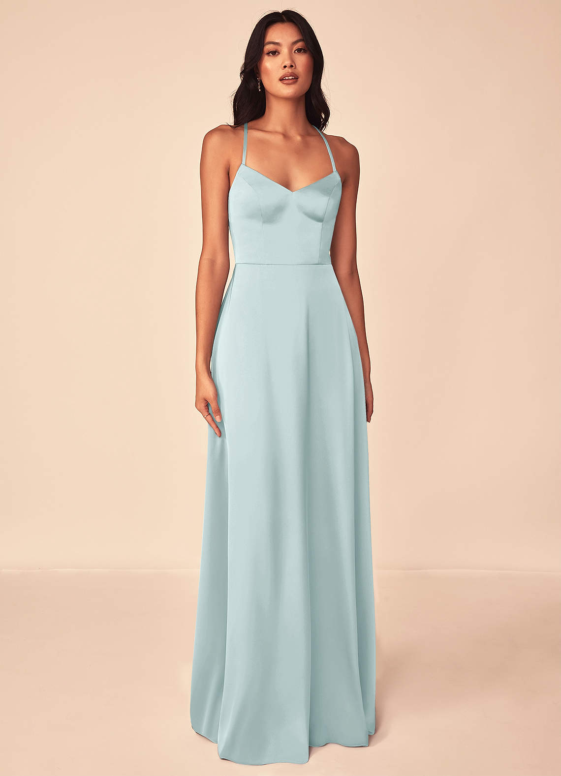 Azazie Mei Bridesmaid Dresses Mist A-Line V-Neck Stretch Satin Dress image1