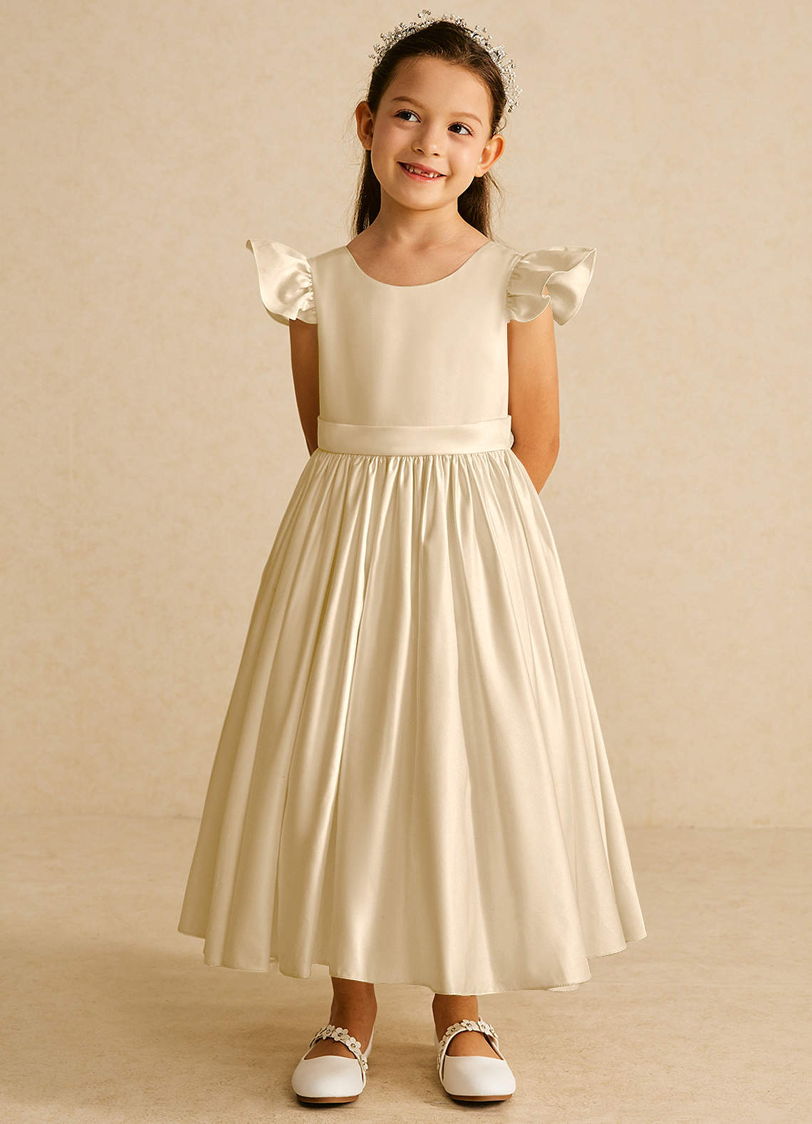 Azazie Ball Gown Scoop Tea Length Matte Satin Flower Girl Dresses champagne