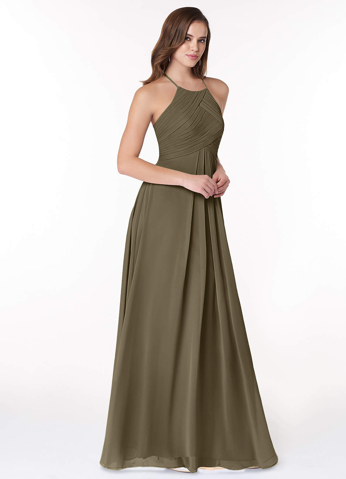 Azazie Ginger Vestidos de damas de honor Vestido de Verde Sauce de Gasa de Corte en A con Halter Plisado image1