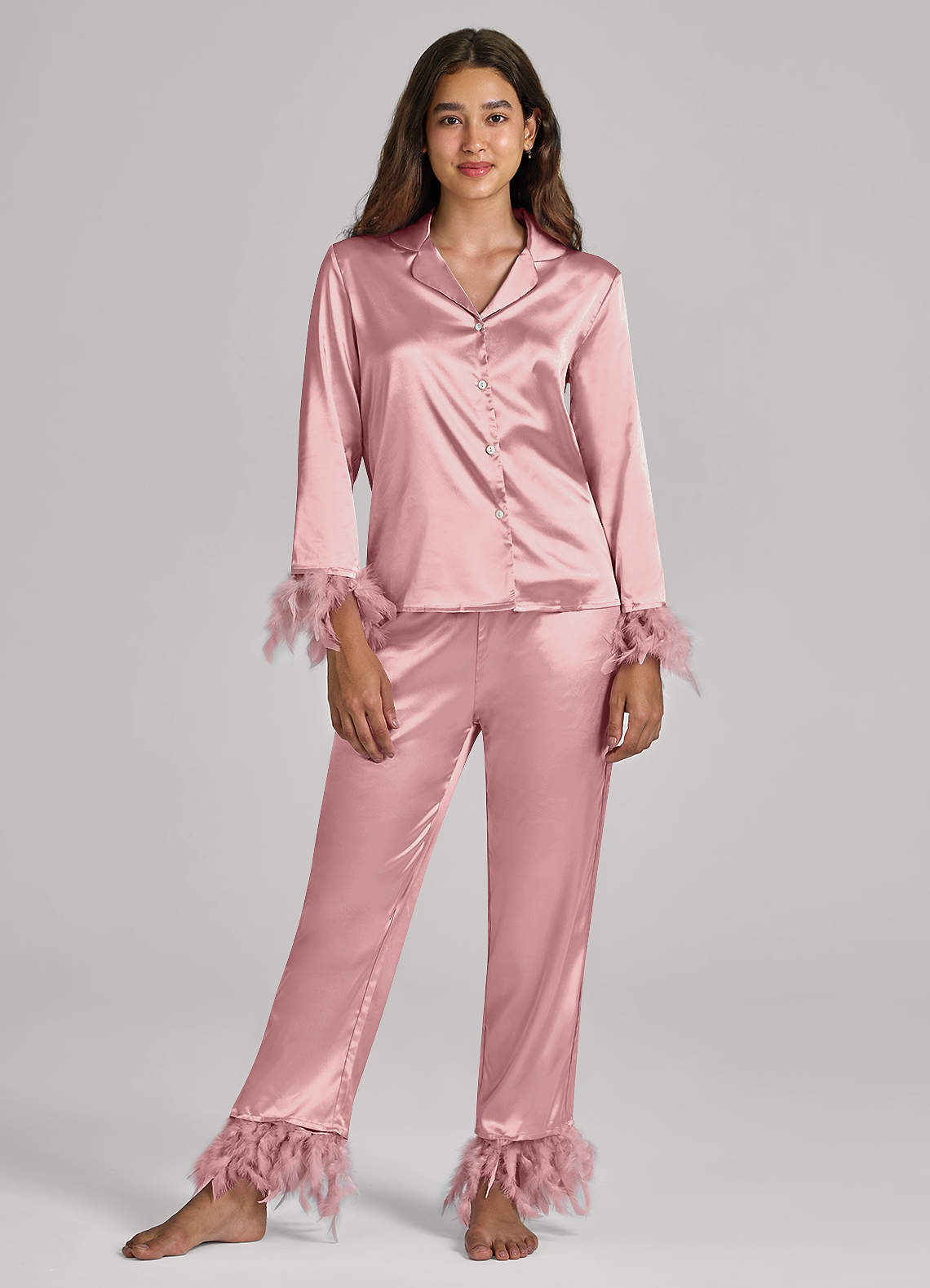 front Matching Color Satin Feathered Pajamas
