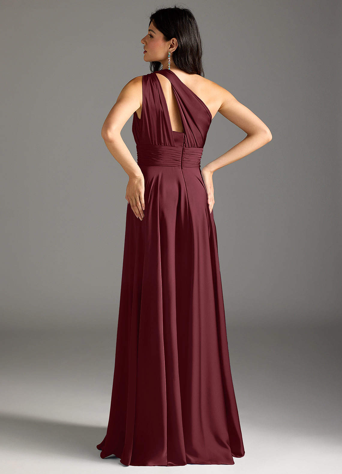 Azazie Charlize Bridesmaid Dresses Cabernet A-Line One Shoulder Stretch Satin Dress image5