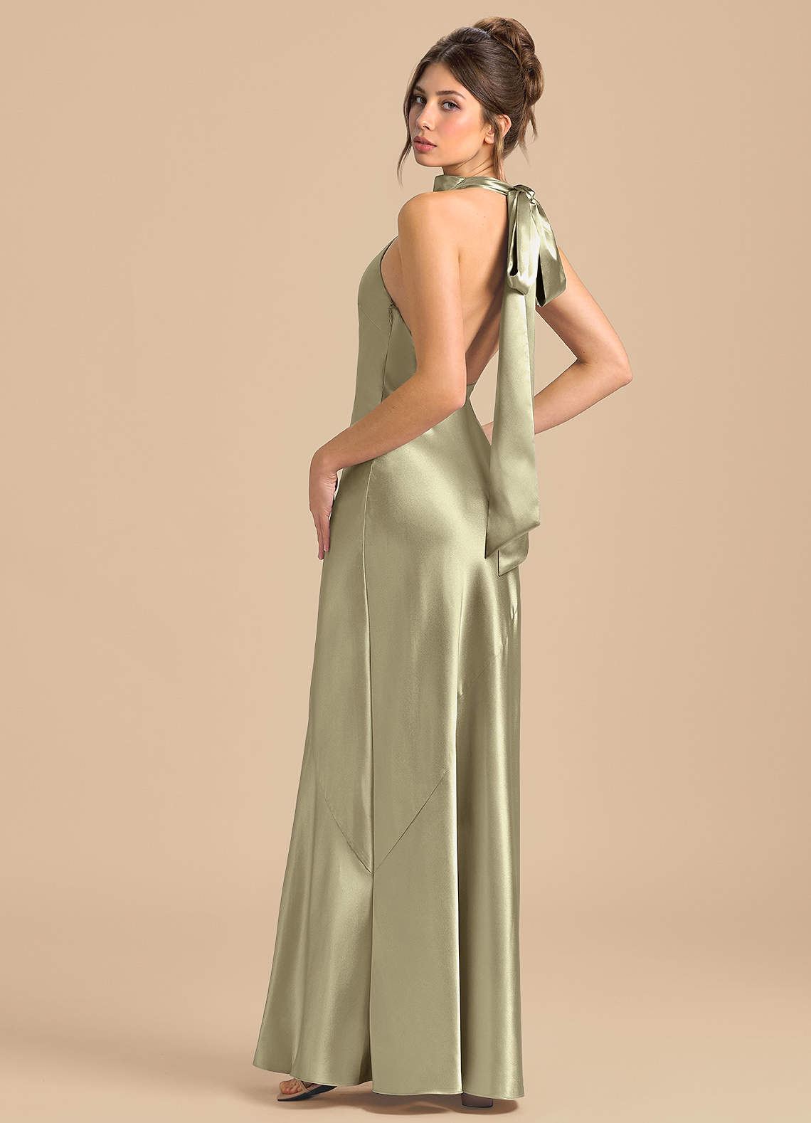 Azazie Sheath Halter Neck Floor-Length Metallic Satin Bridesmaid Dresses - Moss Green