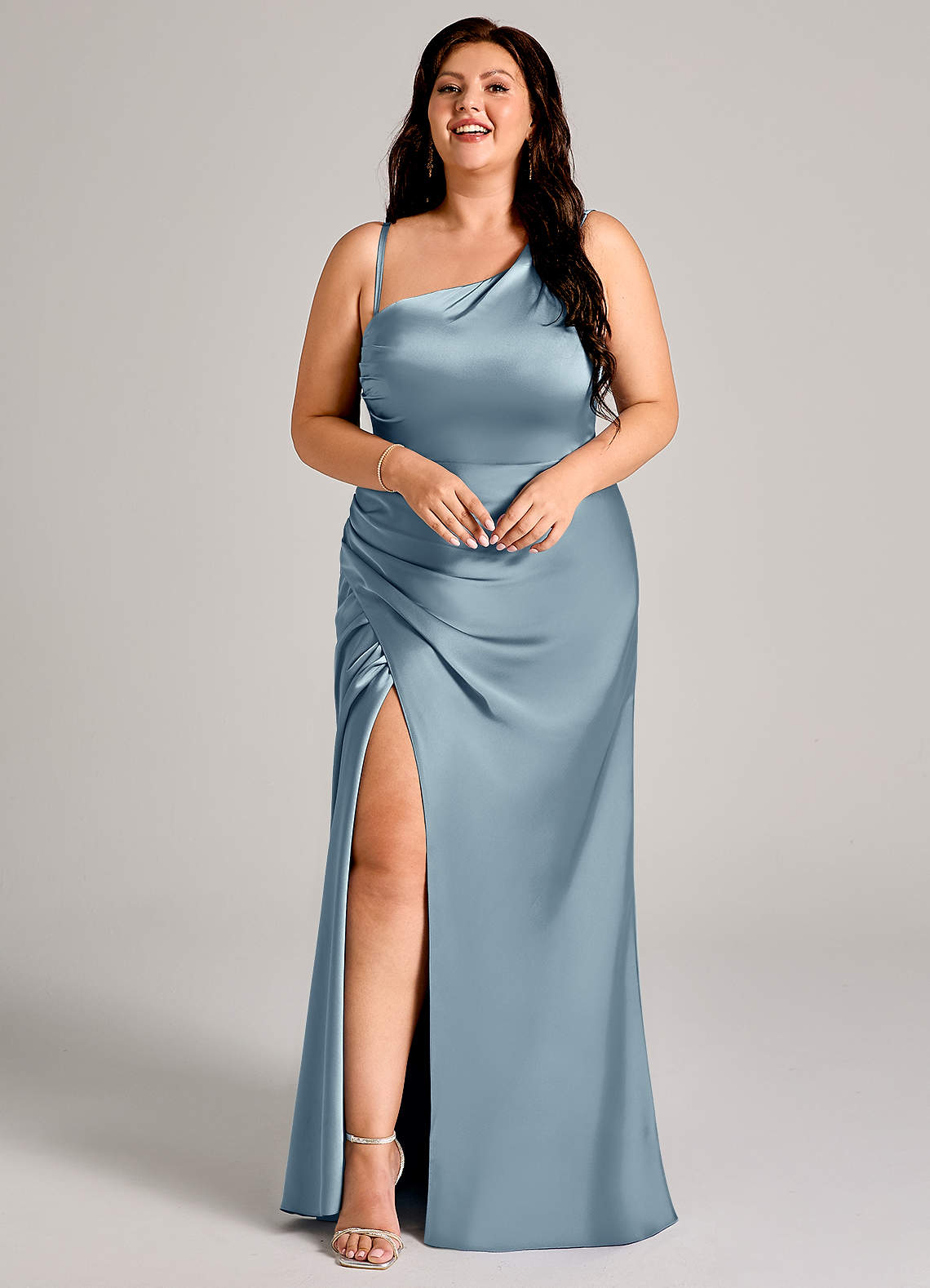 Azazie Madelyn Bridesmaid Dresses Dusty Blue Mermaid One Shoulder Stretch Satin Convertible Dress image14