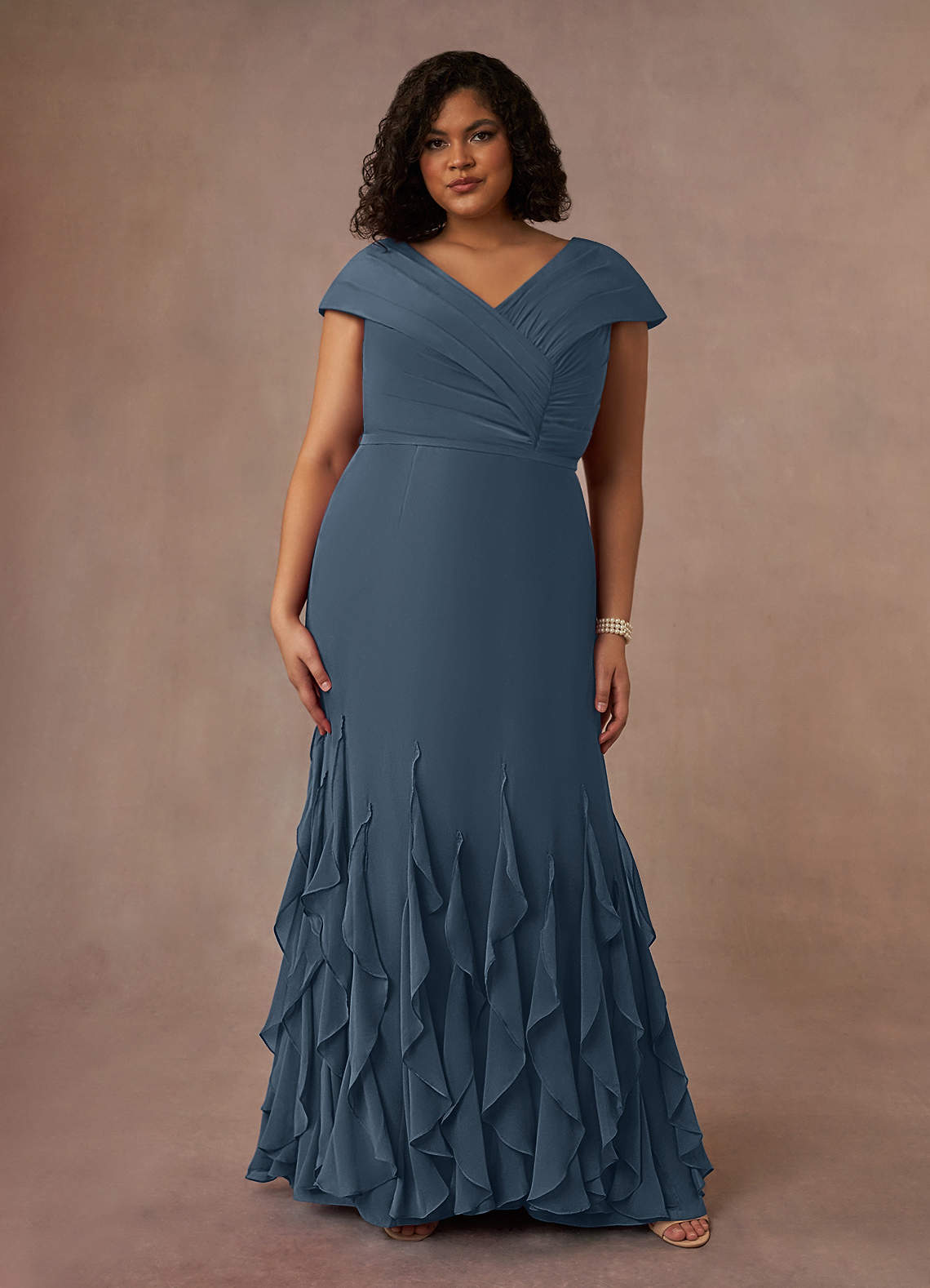 Azazie Bailora Kleider für die Brautmutter Meerjungfrau-Linie Gestreift Chiffon Kleid Neptunblau image1