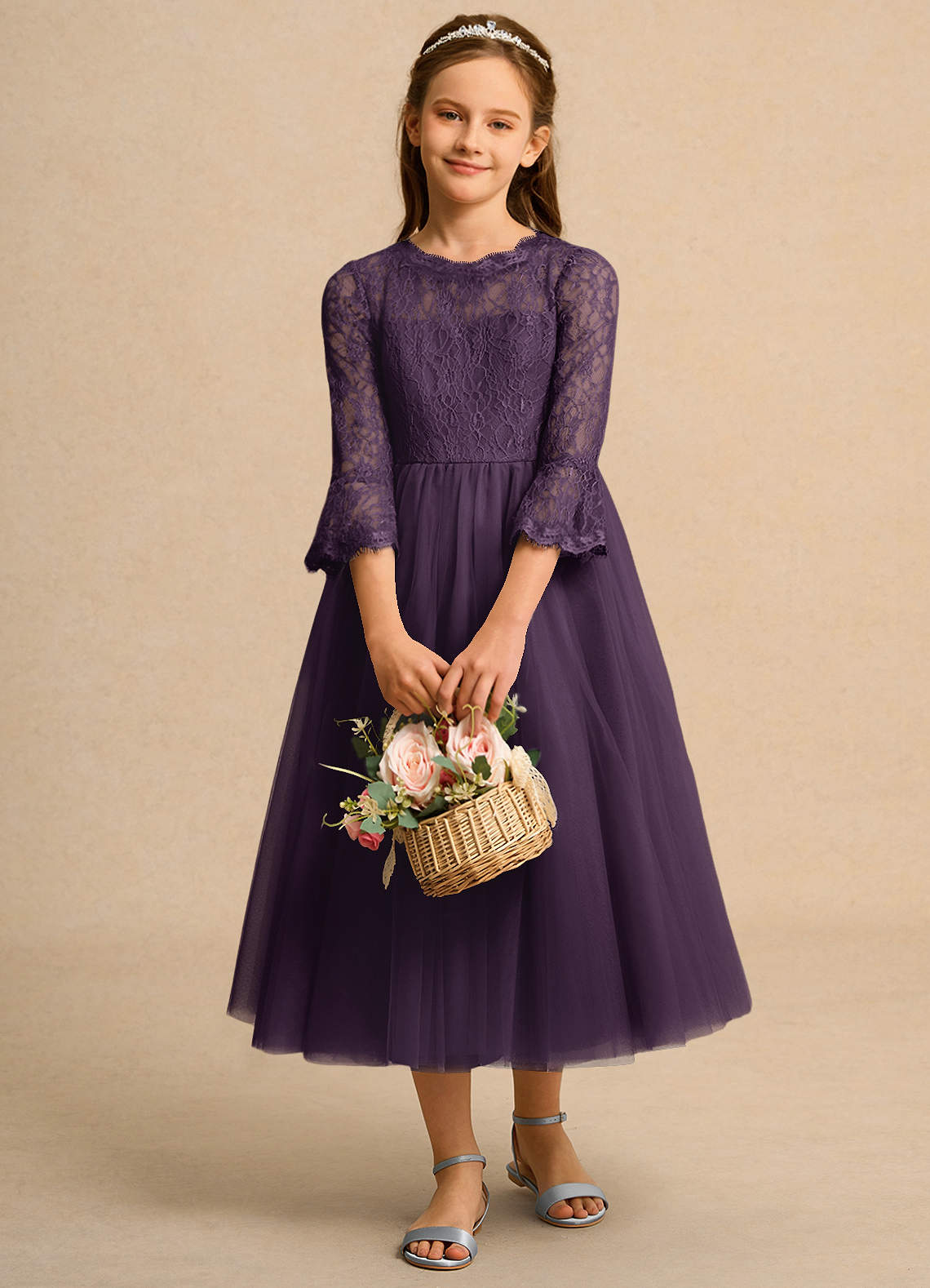 Azazie Lamb Girl vestidos de niña de las flores Vestido de Ciruela de Encaje de Princesa image1