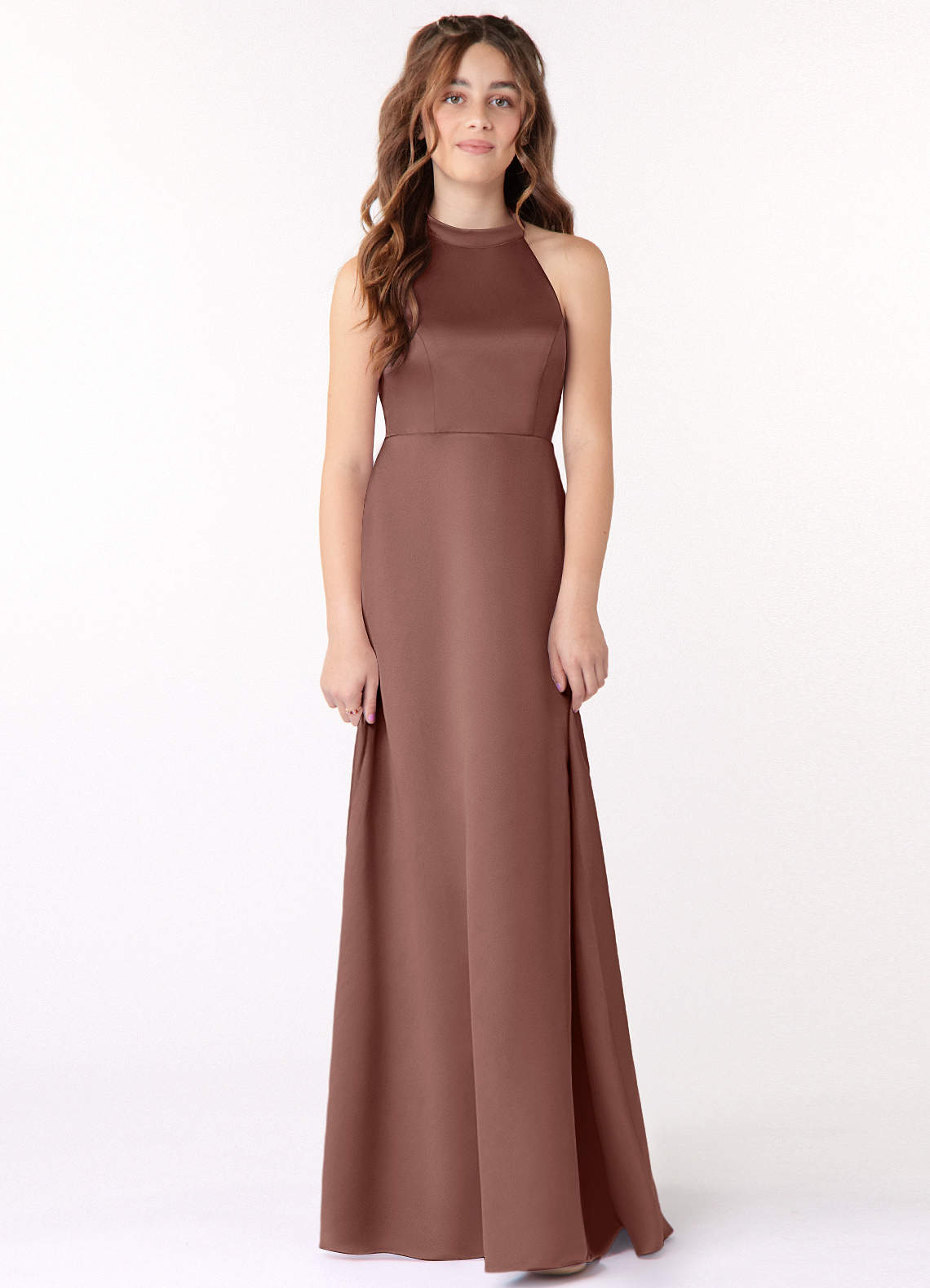 Azazie Laurel Junior Espresso A-Line Stretch Satin Dress image1