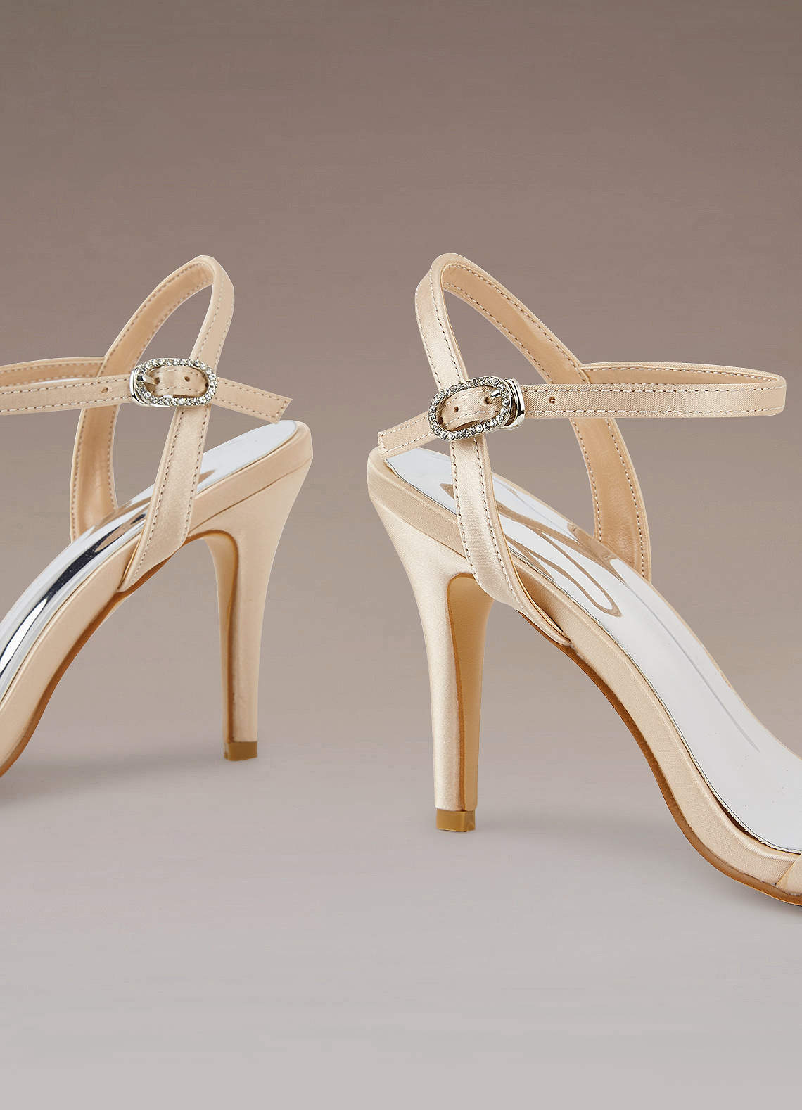 front Champagne Satin Ankle Strap High Heels