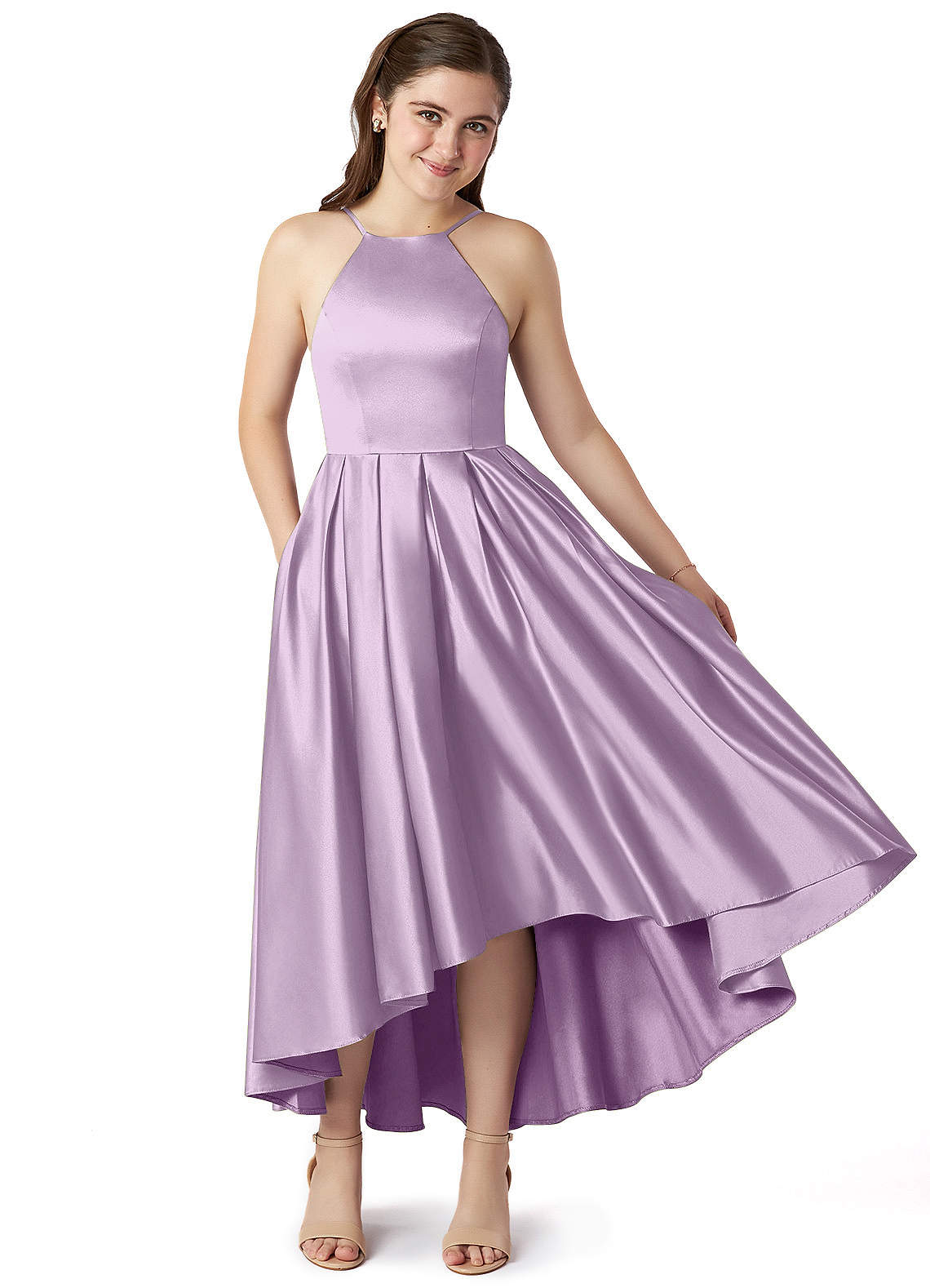 Azazie Jemima Junior A-Linie mit Taschen Stretch-Satin Kleid Frostiges Flieder image1