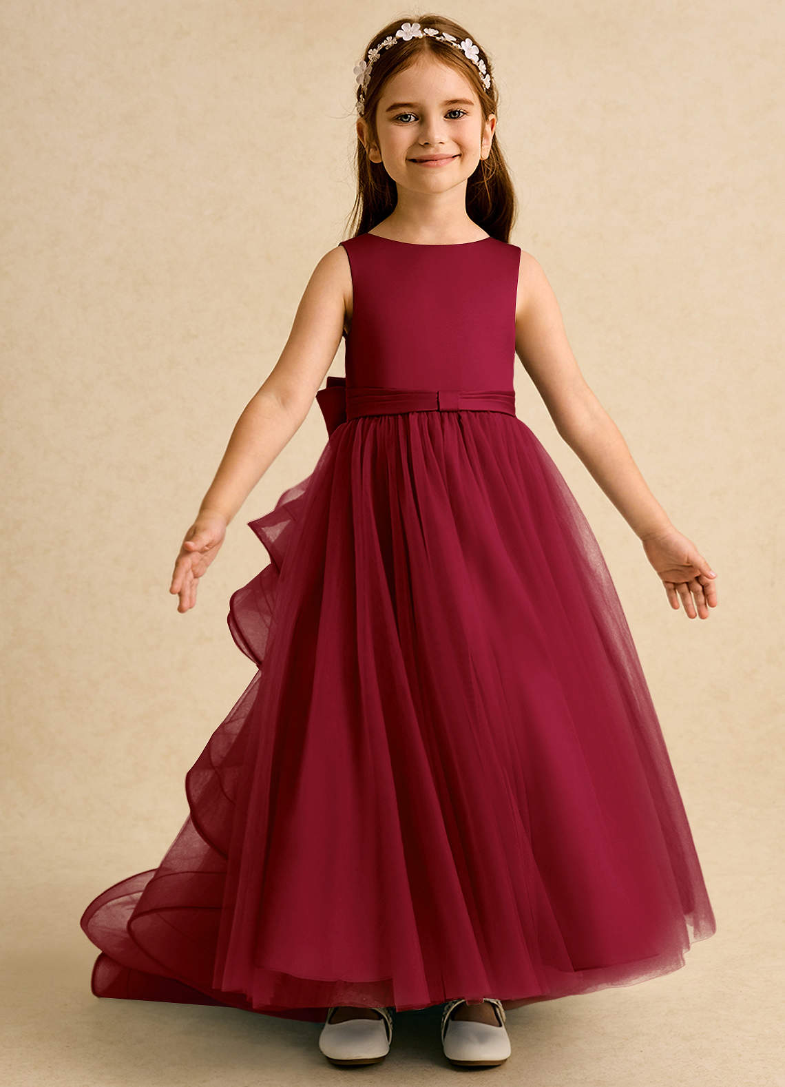 Azazie Lior Flower Girl Dresses Burgundy Ball-Gown Pleated Tulle Dress image5