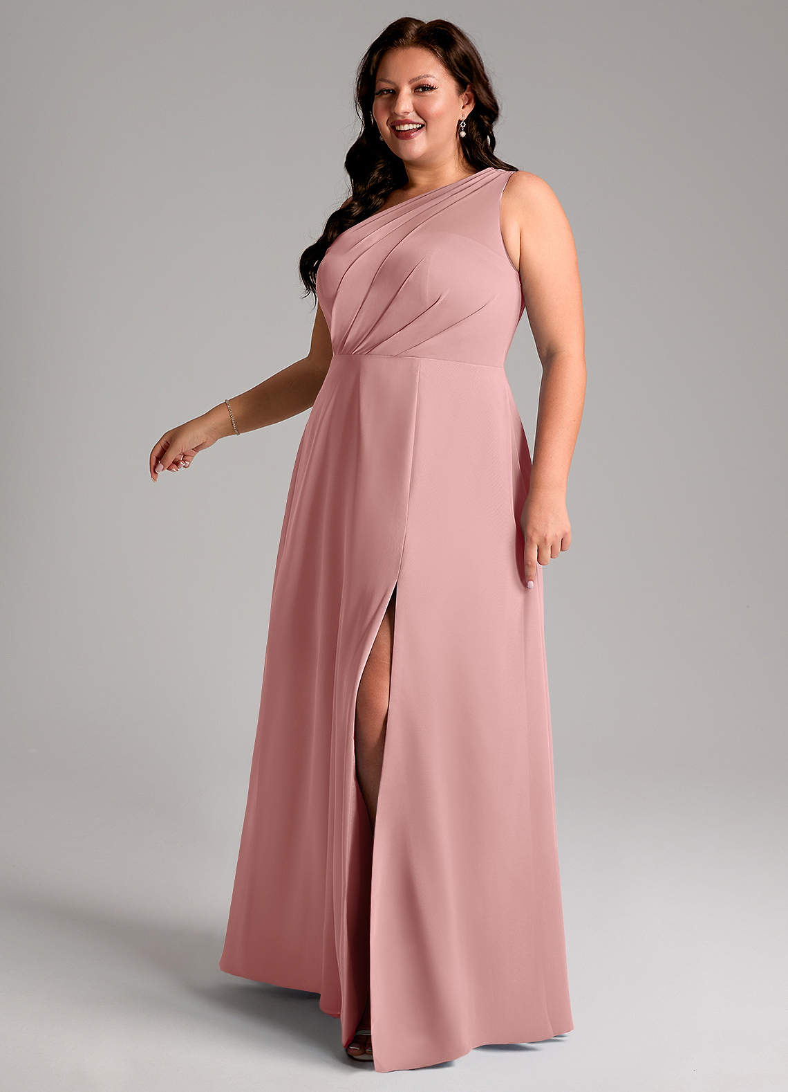 Azazie Phaedra Bridesmaid Dresses Dusty Rose A-Line One Shoulder Chiffon Dress image13