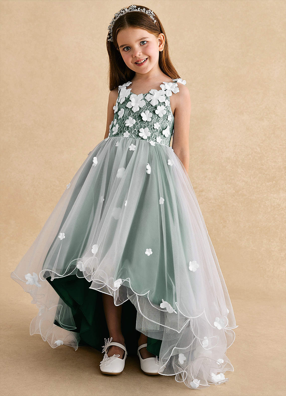 Azazie Celia Flower Girl Dresses Dark Green A-Line Lace Tulle Dress image5