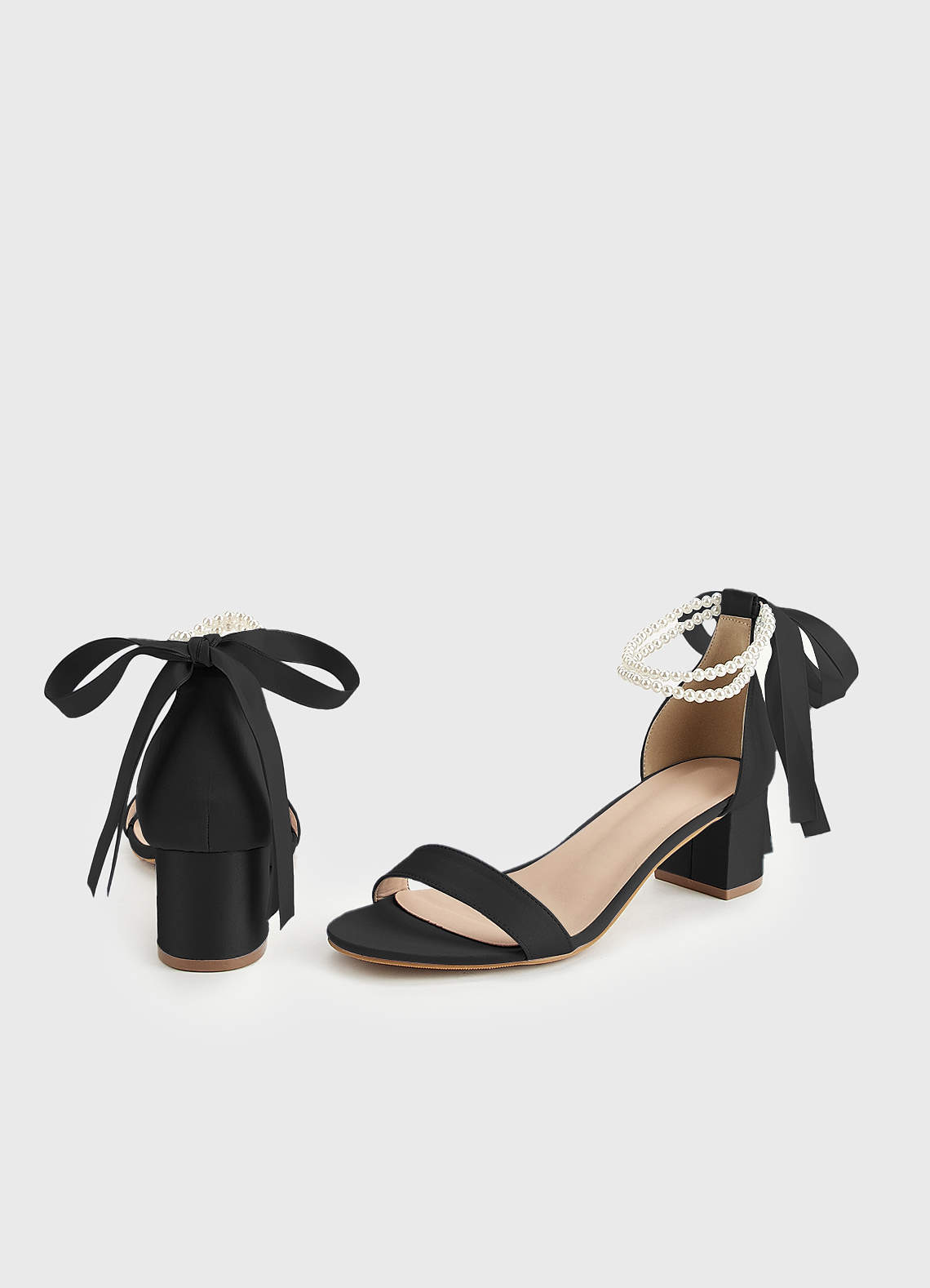 front Matching Color Matte Satin Pearl and Bow Open Toe Chunky Heel Sandals