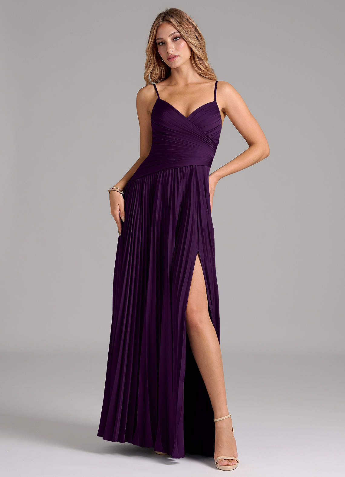 Azazie Vini Bridesmaid Dresses Grape A-Line Pleated Stretch Satin Dress image1