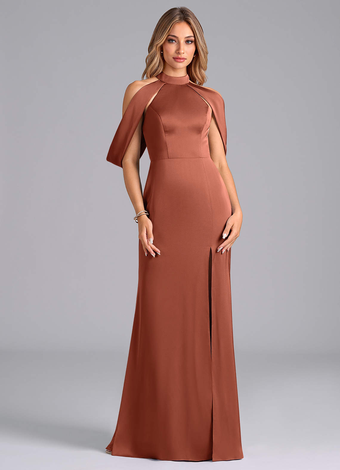 Azazie Bonny Bridesmaid Dresses Clay Mermaid Off the Shoulder Stretch Satin Dress image1