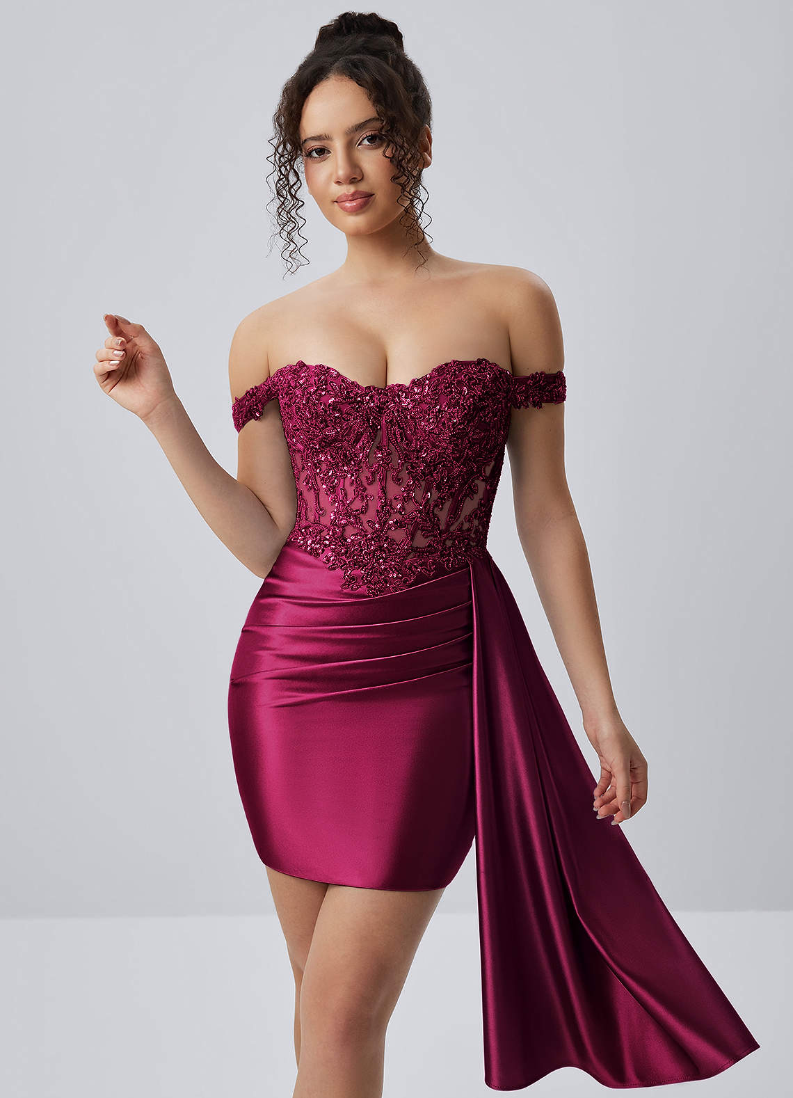 Oralien Burgundy Beading Sequin Embroidery Stretch Satin Ruffles Corset Lace-Up Mini Dress