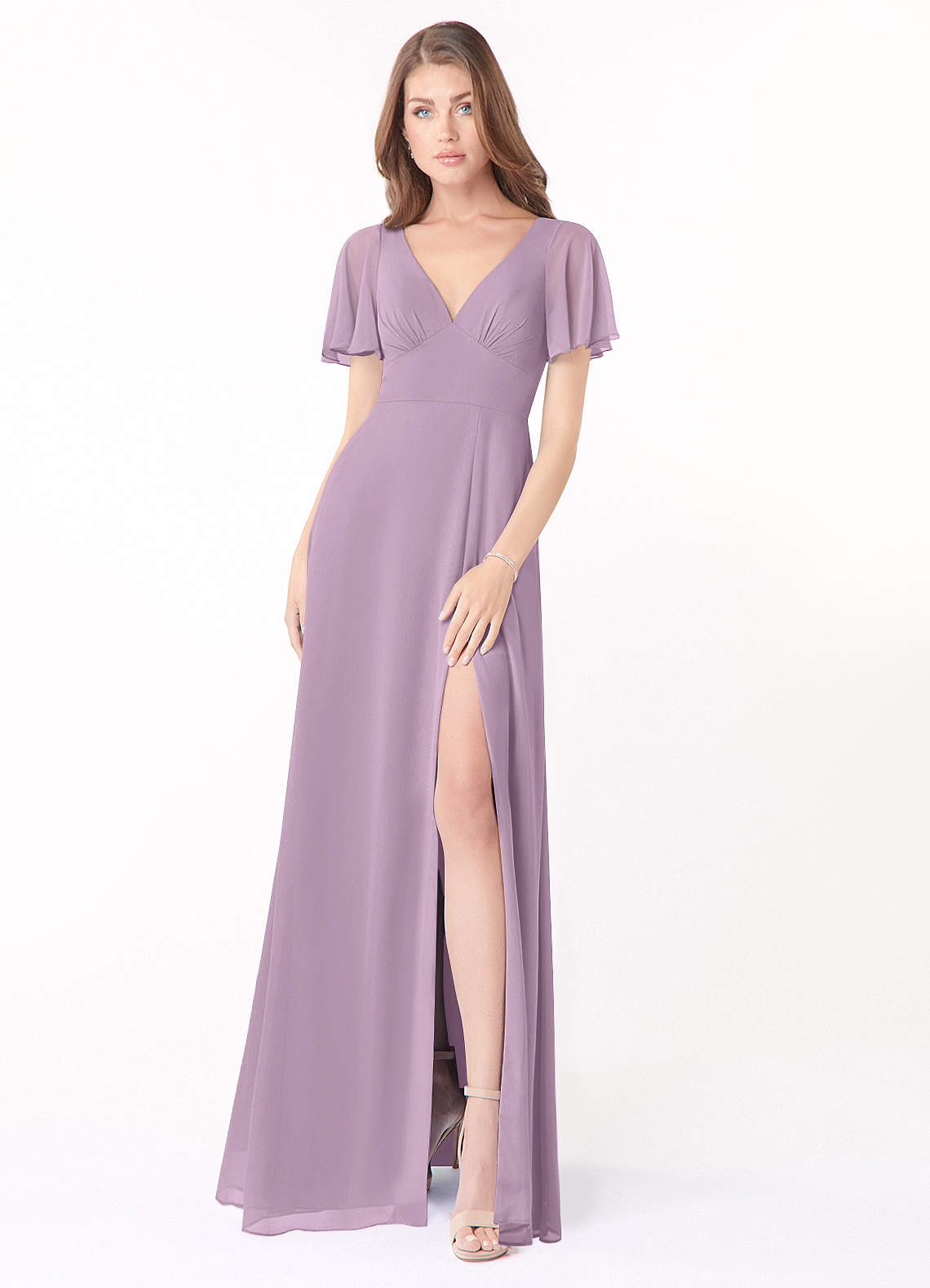 Azazie Kimber Bridesmaid Dresses Wisteria A-Line Flounce Sleeve Chiffon Dress image1