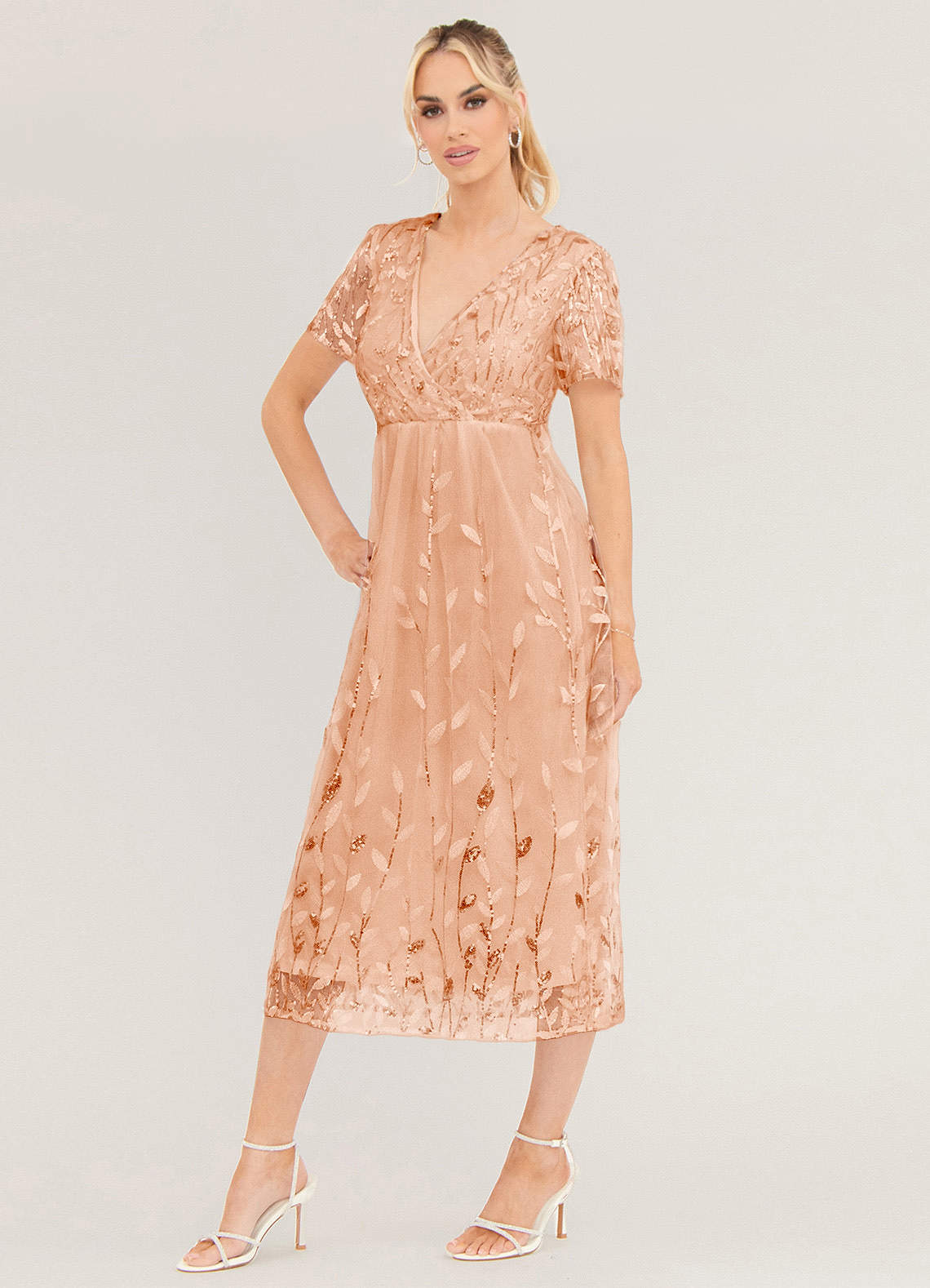 Light Up Beauty Rose Gold Floral Sequin Short Sleeve Maxi Dress image1