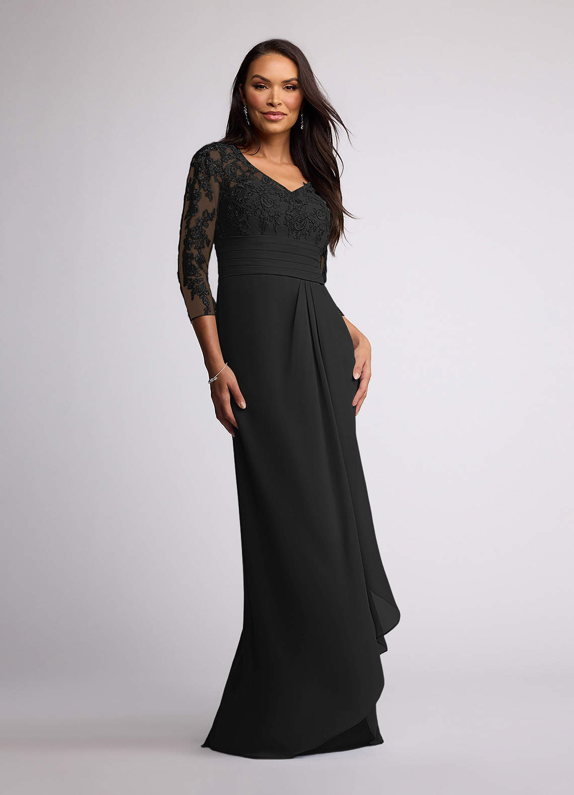 Azazie Joan Mother of the Bride Dresses Black Sheath V-Neck Lace Chiffon Dress image1
