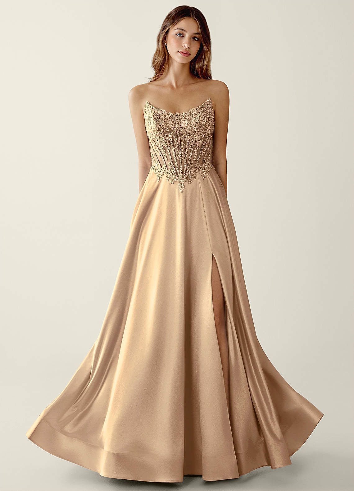 Azazie Champagne Corset Beading Square Formal Dress