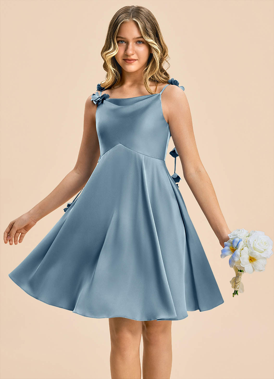 dusty blue bridesmaid dresses knee length Azazie A-Line/Princess Cowl Neck Mini Stretch Satin Junior Size:Months 0-3 The back design includes all_size_available 23 Stylish Wedding Dresses