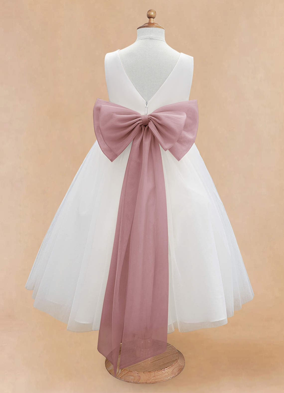 Azazie Kavi Flower Girl Dresses Ivory Dusty Rose A-Line Bow Matte Satin Dress image7