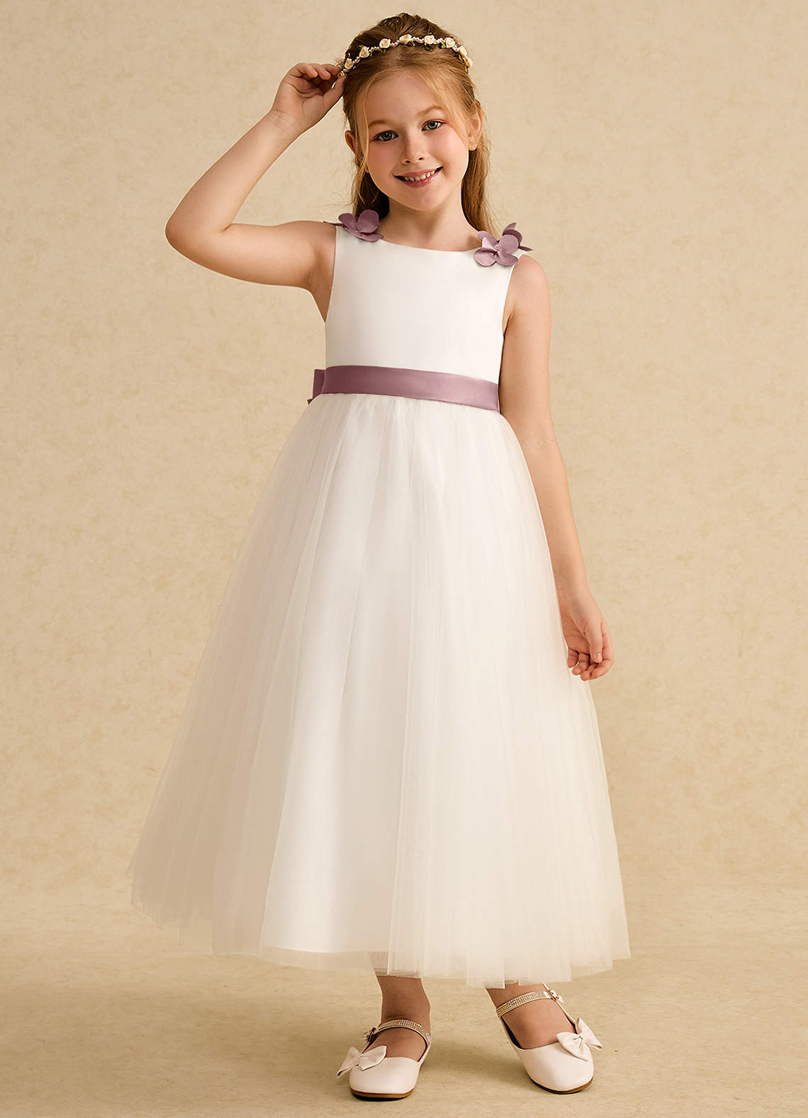 Azazie Lilli Robe Demoiselle D'honneur Fillette Robe Trapèze en Tulle Arc Ivoire Rose Poussiéreux image4