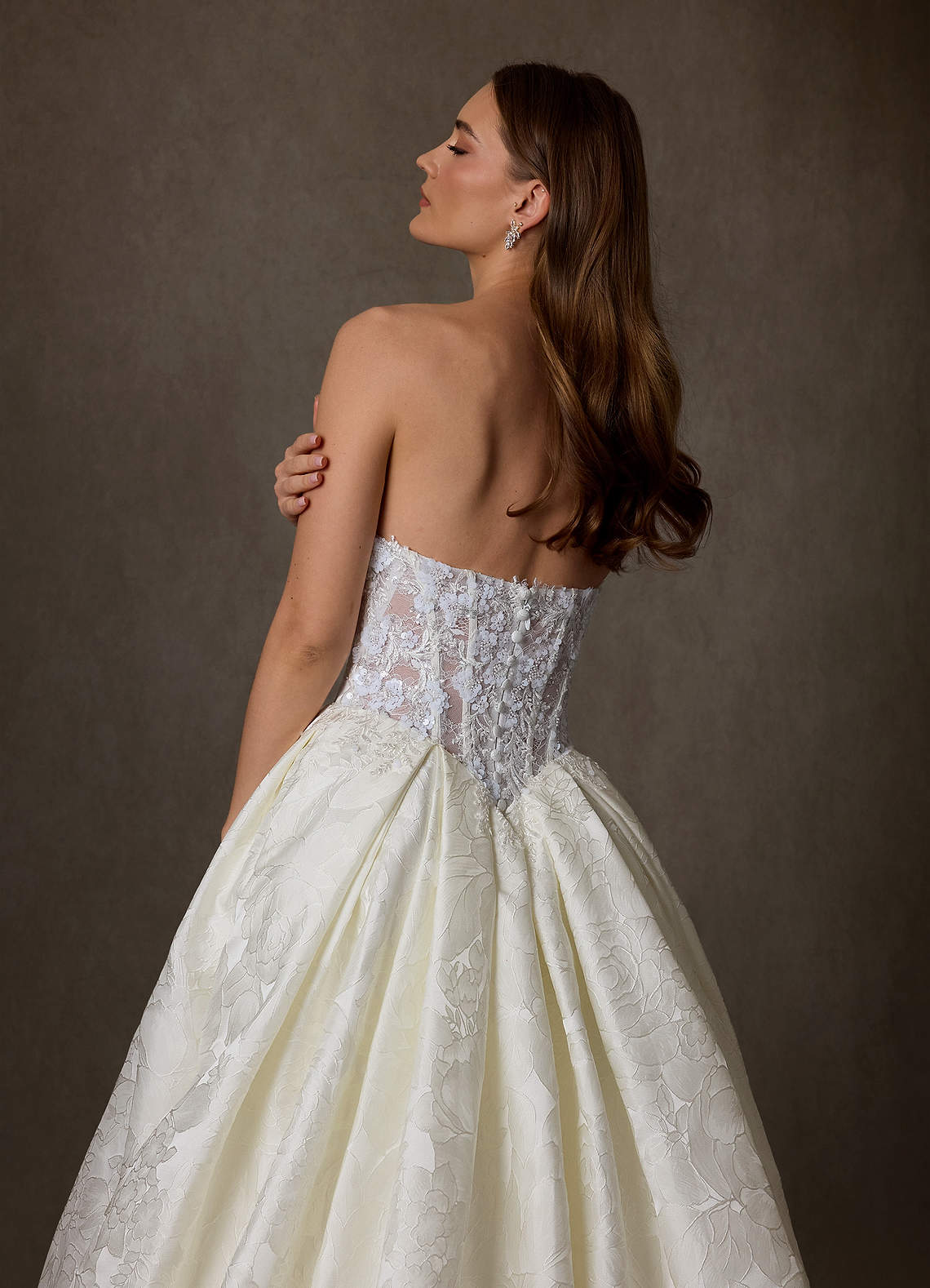 Azazie Genevieve At-home Try On Dresses Antique White Ball-Gown Strapless Floral Jacquard Dress image1